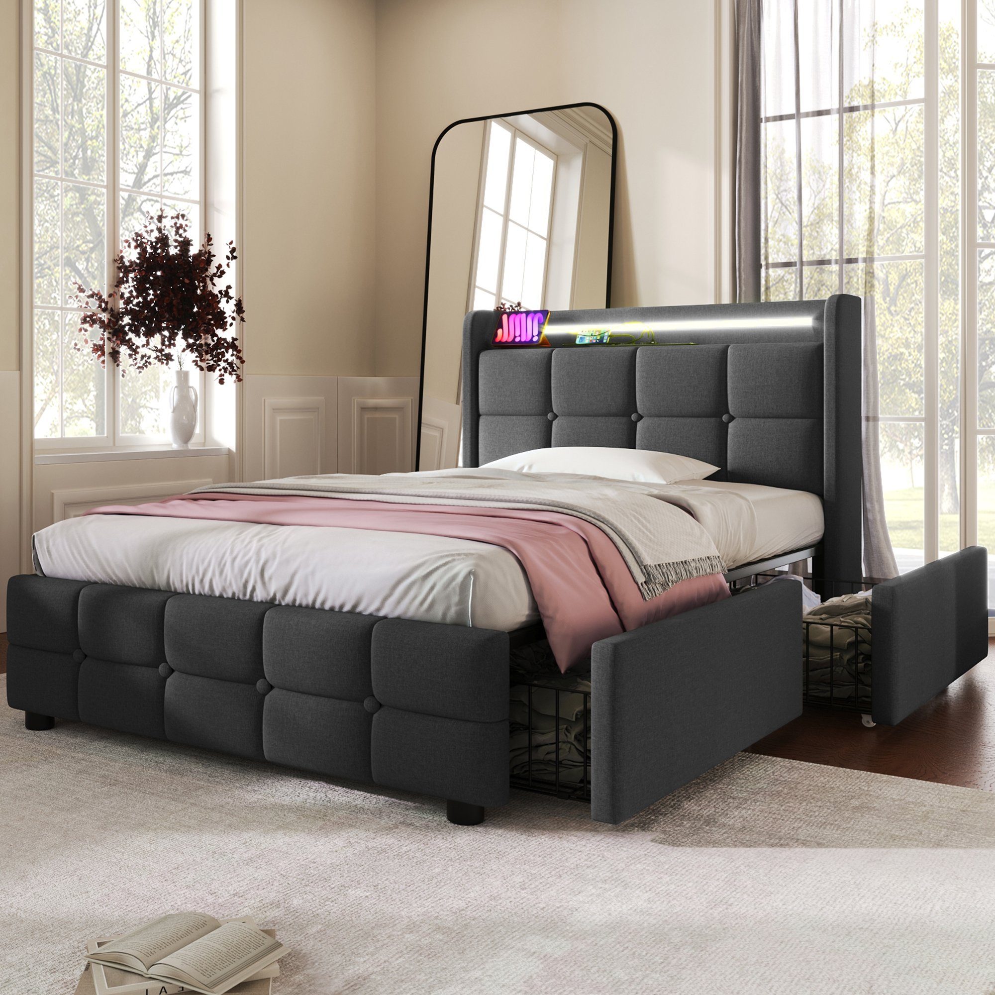 Flieks Polsterbett, LED-Beleuchtung Einzelbett 90x200cm mit Ladefunktion un günstig online kaufen