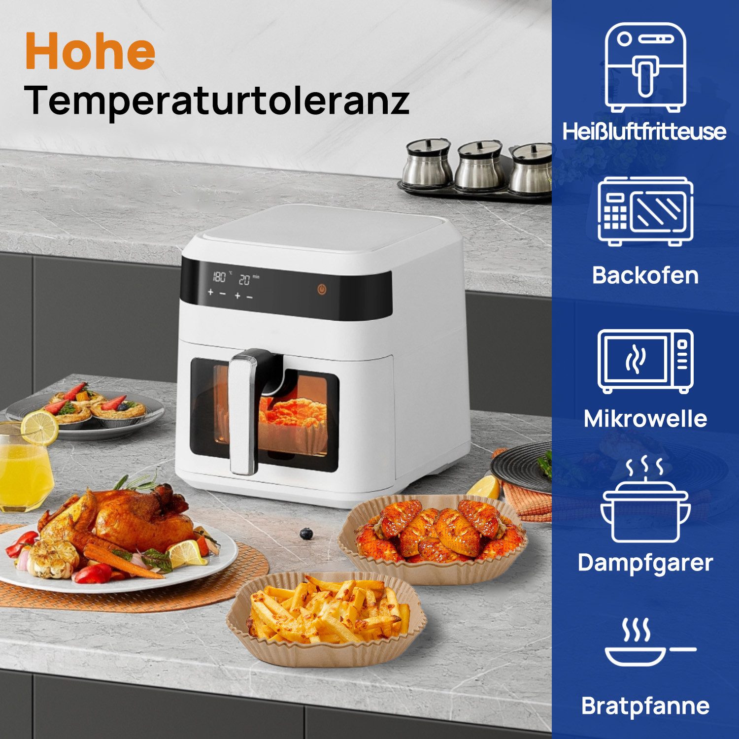 Smad Backpapier für Heißluftfritteuse,20*20*4,5cm,100/200/300St., Antihaft, wasser- und ölbeständig, für Airfryer, Ofen, Mikrowelle – Bild 2 von 5