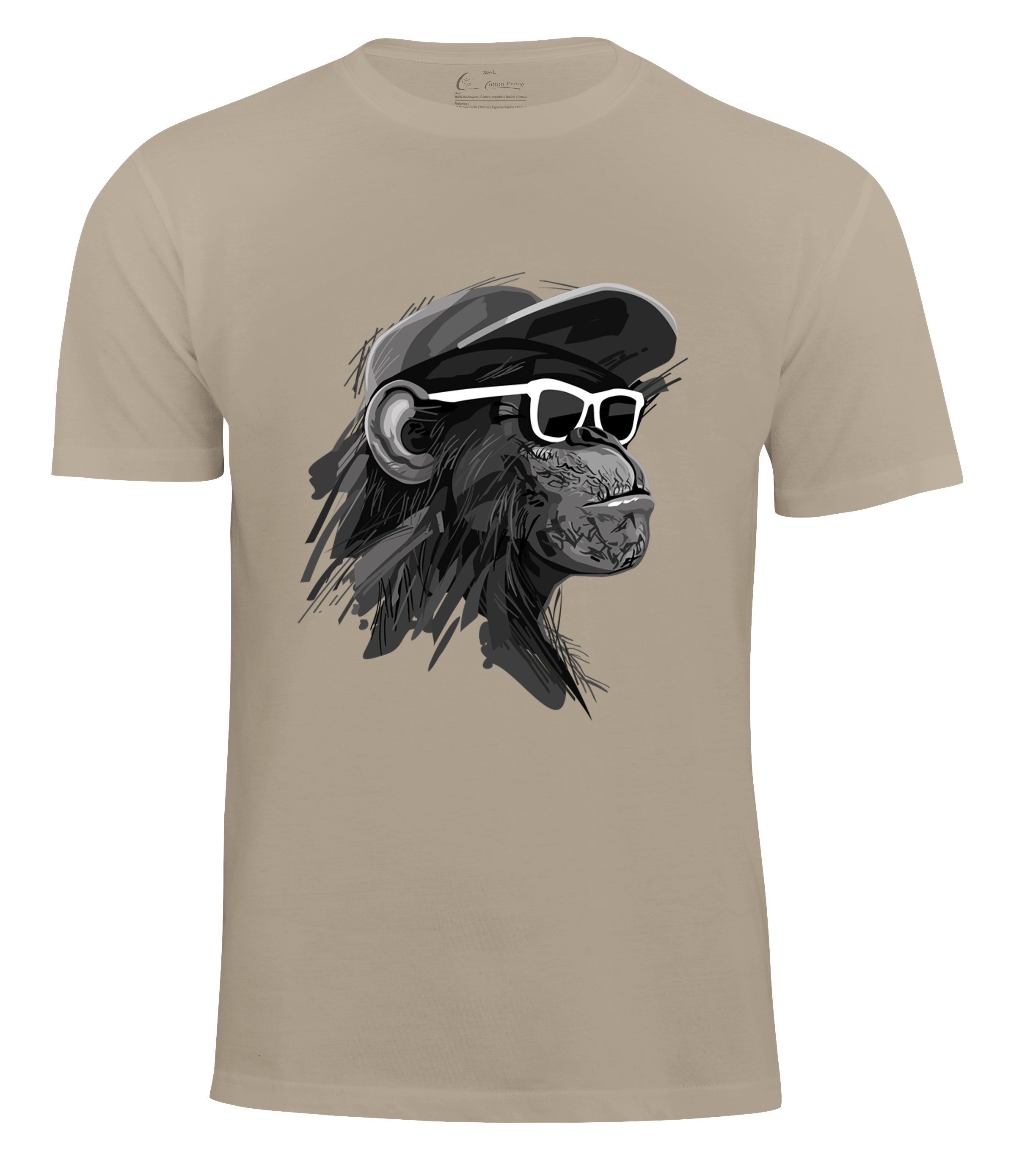 - mit Brille T-Shirt Cotton Cool Monkey Affenmotiv Beige Prime® mit