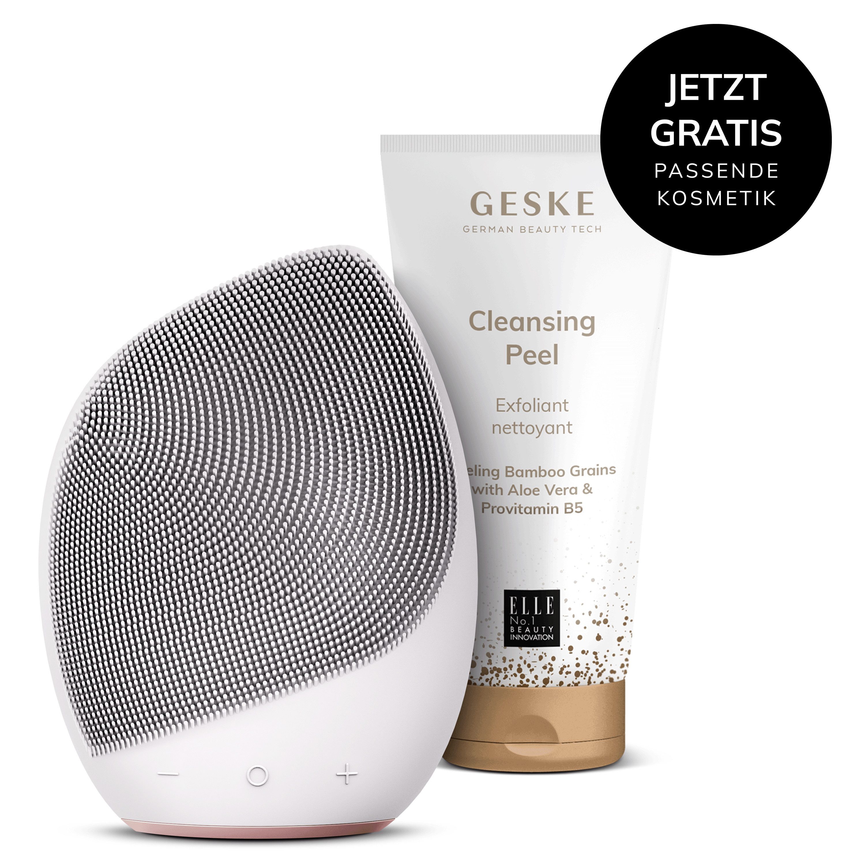 GESKE German Beauty Tech Elektrische Gesichtsreinigungsbürste Sonic Facial Brush 5 in 1 Farbe: Starlight + Gratis Kosmetik, Packung (Gerät & USB-Ladekabel), 2-tlg., Gerät inkl. kostenloser APP (SmartAppGuided Device), Anti-Aging Massage-, SmartSonic Pulsation- & Tiefen-Wärme-Technologie