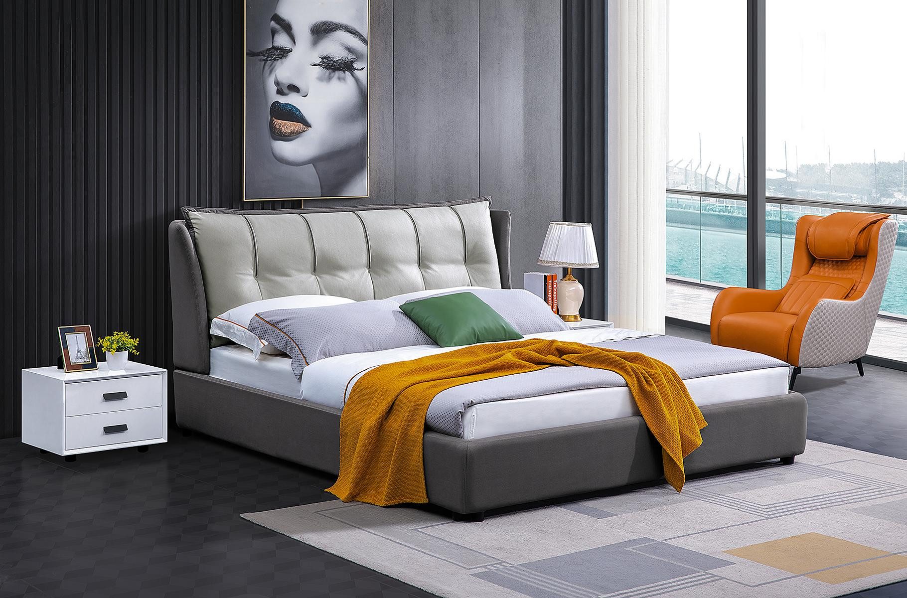 JVmoebel Polsterbett Elegantes graues Lederbett mit praktischer Klappfunktion, Made in Europa