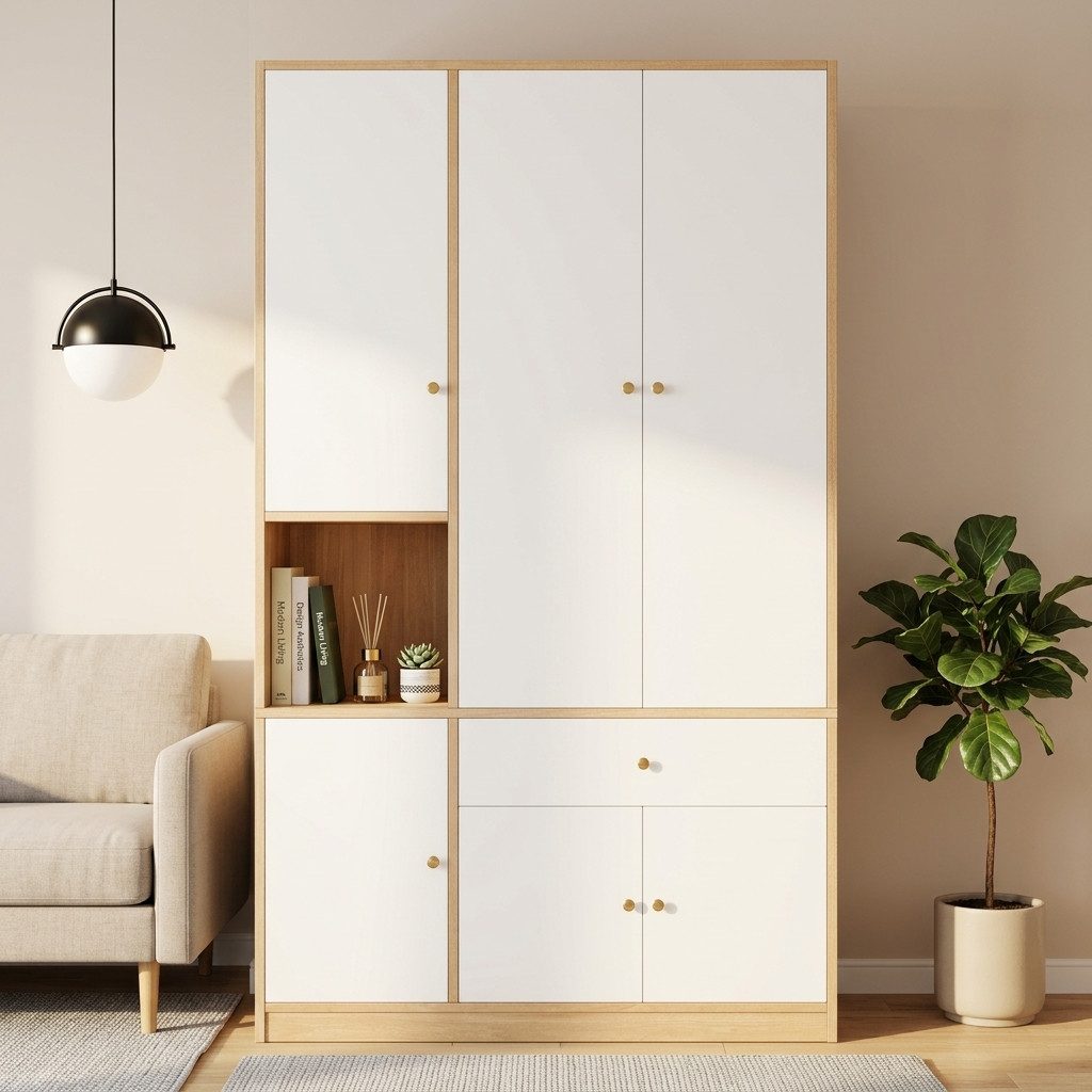 Celya Kleiderschrank 3-türiger Schlafzimmerschrank 120 x 50 x 200 cm, mit 2 Kleiderstangen (mit 1 Schublade, Staufächern und offenem Fach)