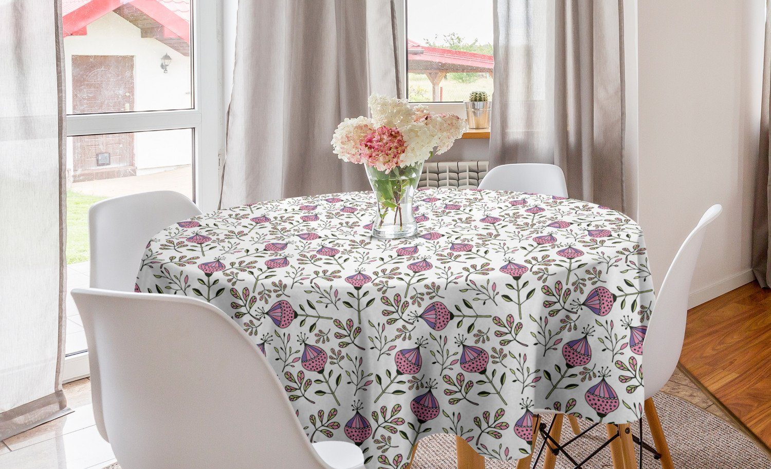 Abakuhaus Tischdecke Kreis Tischdecke Abdeckung für Esszimmer Küche Dekoration, Botanik Abstrakt Quirky Blätter- Flora