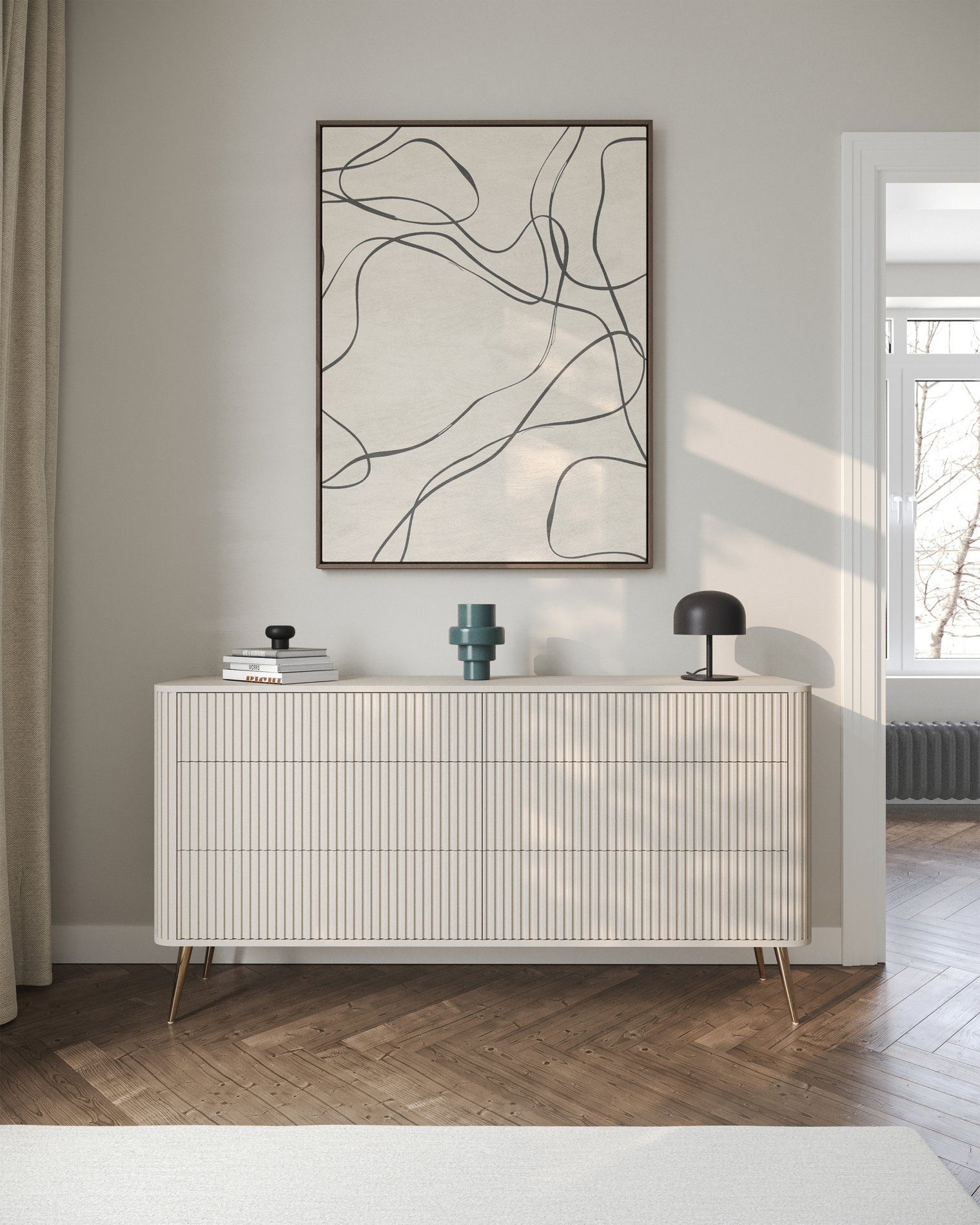 Selsey Kommode OVARLO, mit 6 Schubladen und geriffelten Fronten, greige mit goldenen Beinen