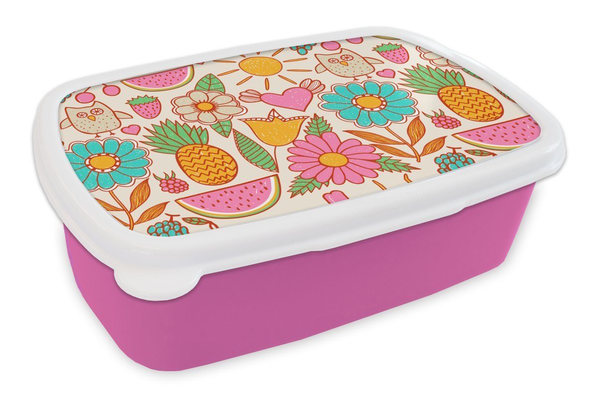 MuchoWow Lunchbox Eule - (2-tlg), Brotbox - - Erwachsene, Brotdose Blumen Kinder Regenbogen Kinder, Kunststoff, rosa Snackbox, Muster, für Mädchen, - Kunststoff