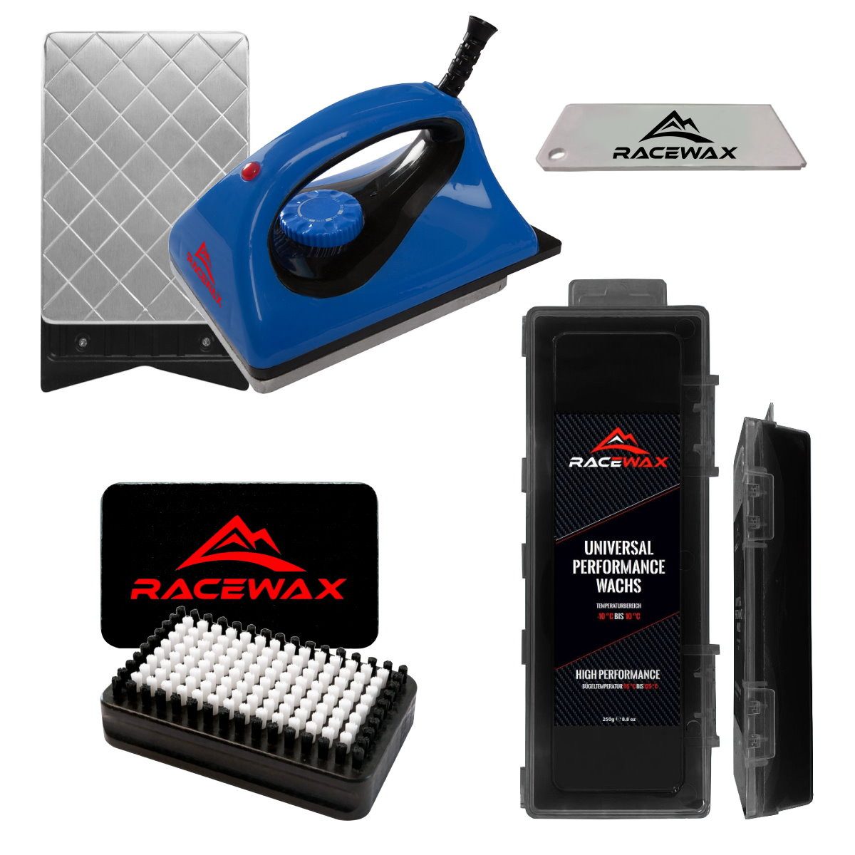 RaceWax Ski RaceWax Skiwax Set 4-teilig Wachsbügeleisen Wachs BaseBrush Alpin