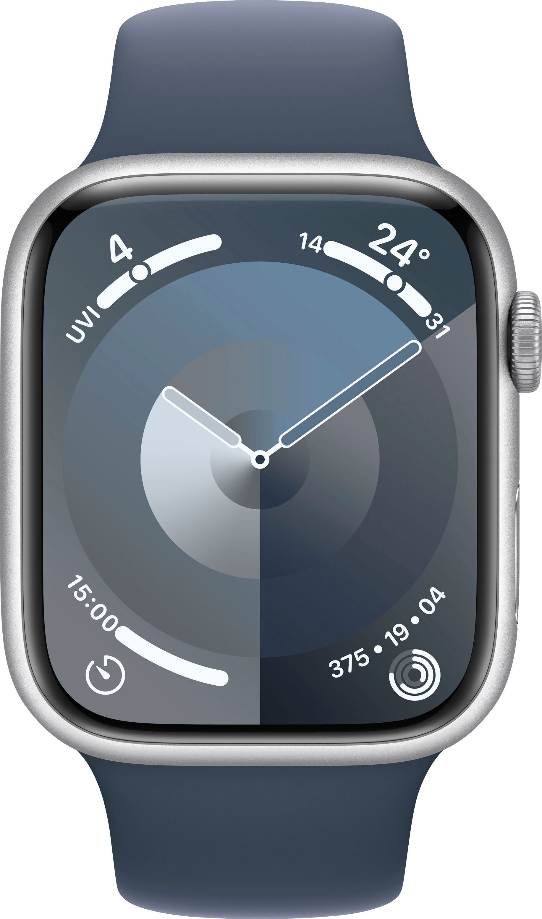 Apple Watch Series 9 Aluminium Silber | cm/1,77 Sport Band + (4,5 Smartwatch Zoll, 45mm Cellular Watch 10), GPS Sturmblau OS