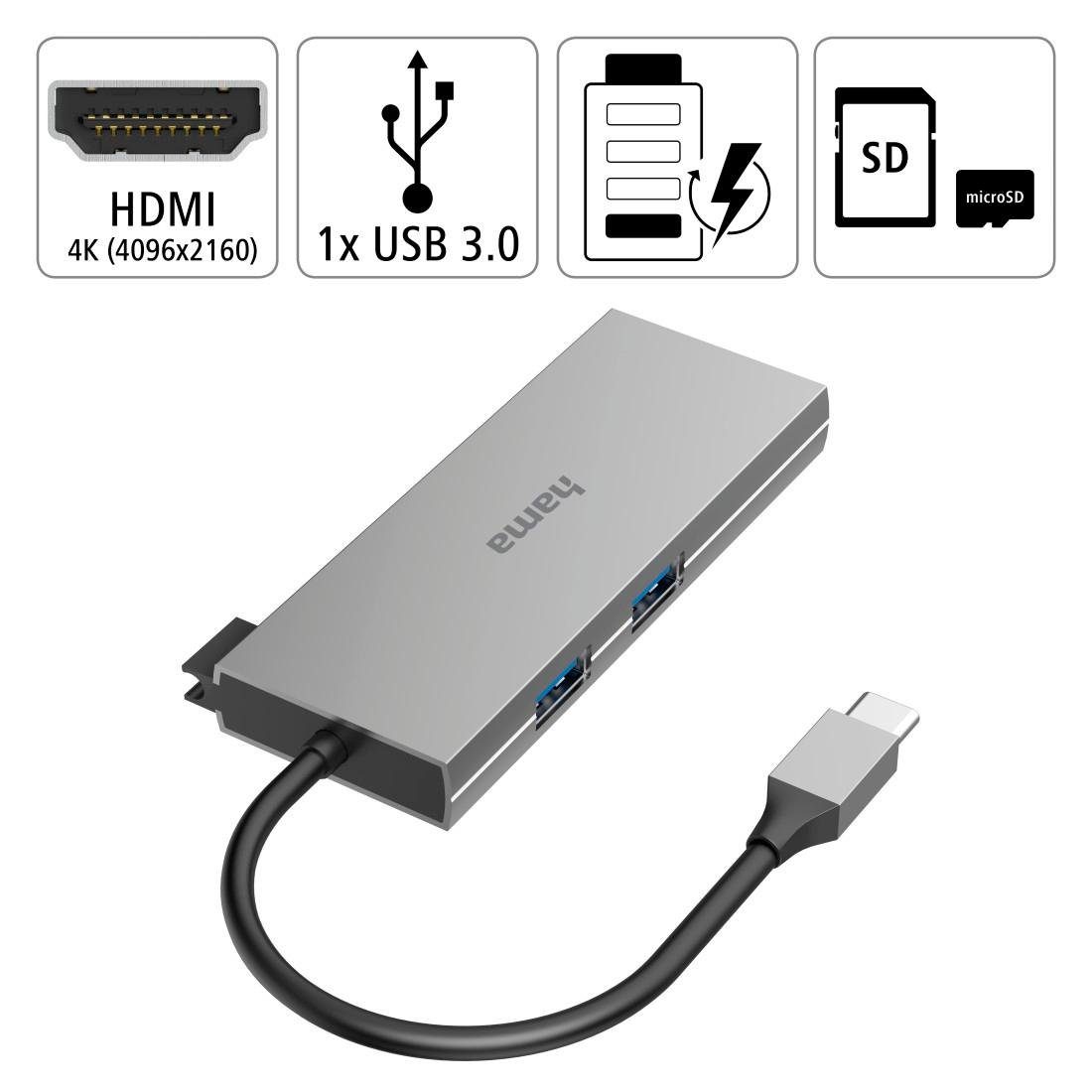 Hama USB-C Multiport Hub Laptop mit 6 Ports, USB-A, USB-C, HDMI, SD microSD USB-Adapter USB-C zu HDMI, SD-Card, USB Typ A, USB Typ C, 15 cm, Laptop Dockingstation, kompakt, robustes Gehäuse, silberfarben