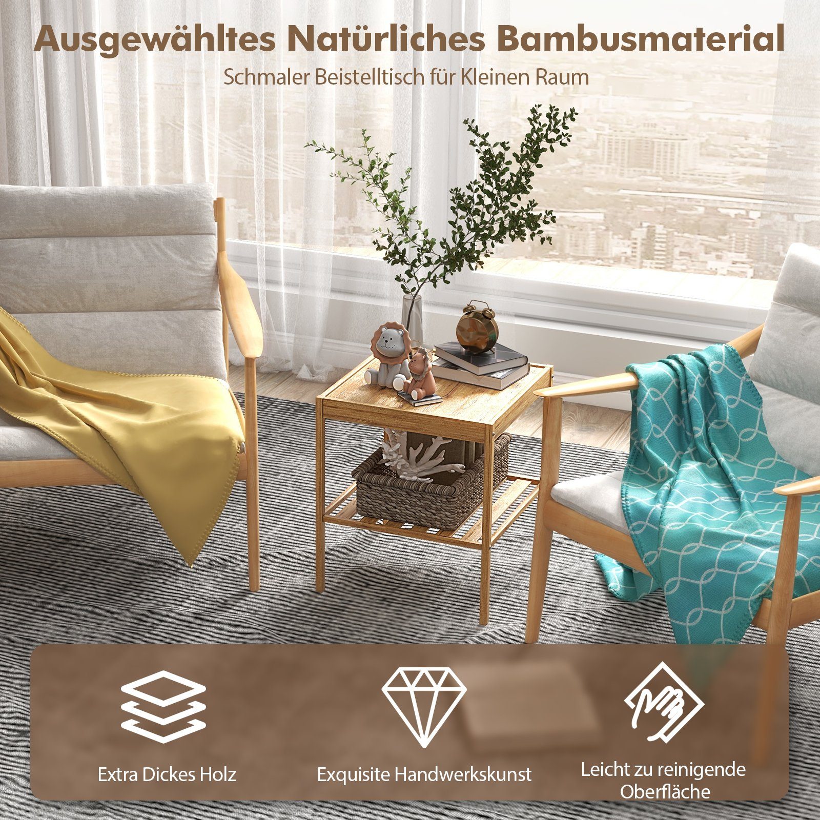 COSTWAY Nachttisch (2-St), 2-stufiger Beistelltisch, 40 x 40 x 45 cm