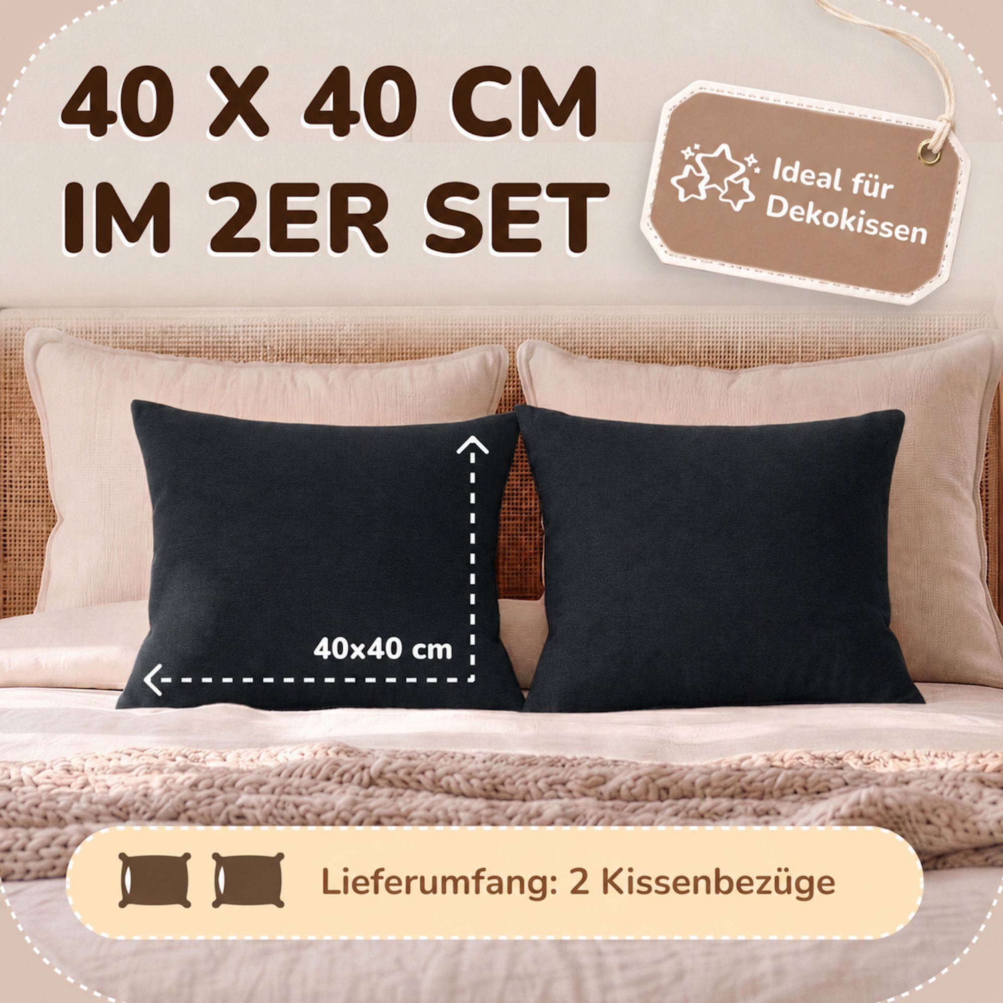 leevitex® Kissenbezüge Kissenbezug 40 x 40 cm, 2er Set, Schwarz, (2 Stück), feine Jersey-Qualität, 100% Baumwolle, robuster Reißverschluss