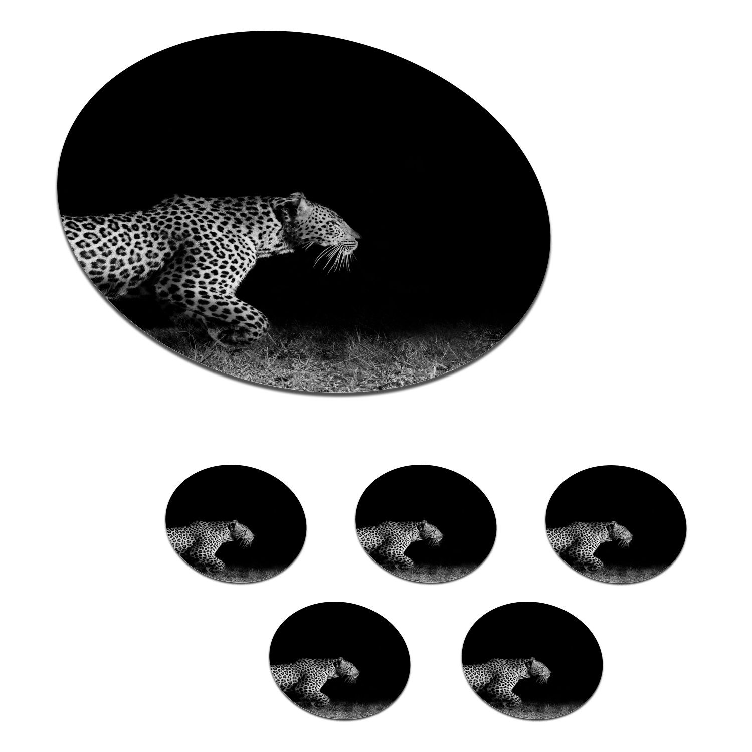 MuchoWow Glasuntersetzer Wildtiere - Leopard - Gras - Schwarz - Weiß, Zubehör für Gläser, 6-tlg., Getränkeuntersetzer, Tassenuntersetzer, Korkuntersetzer, Tasse, Becher