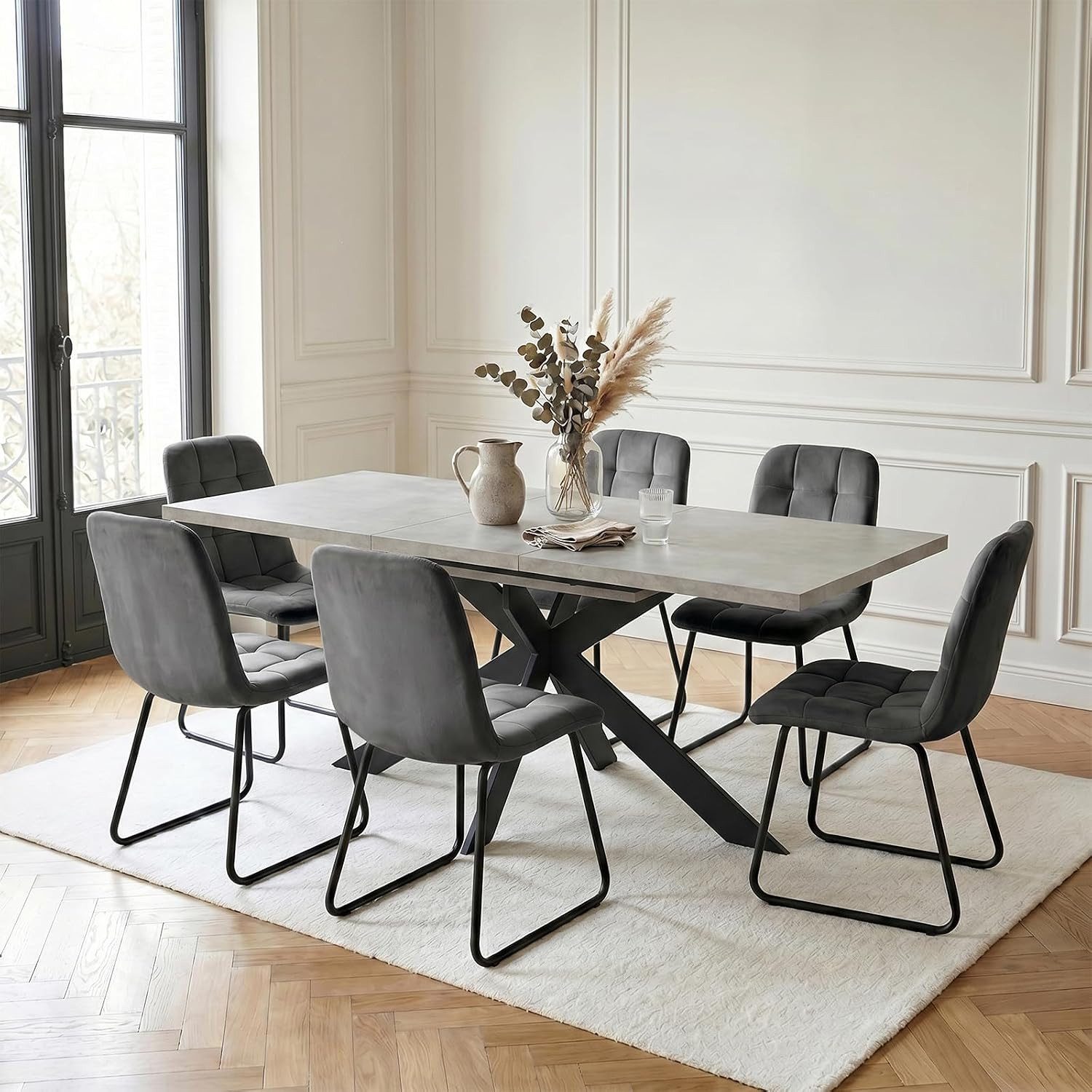 Jiexi Essgruppe Ausziehbare Essgruppe 130-170cm, MDF-Tisch & 4 Samtstühle – Bild 2 von 5