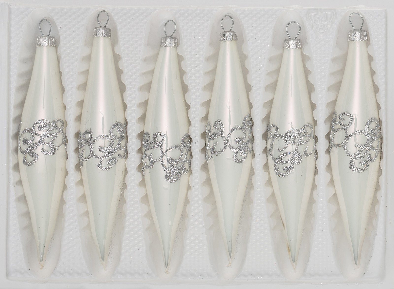 Christbaumschmuck 6 tlg. Glas-Zapfen Set in Hochglanz-Weiss-Silberne-Ornamente