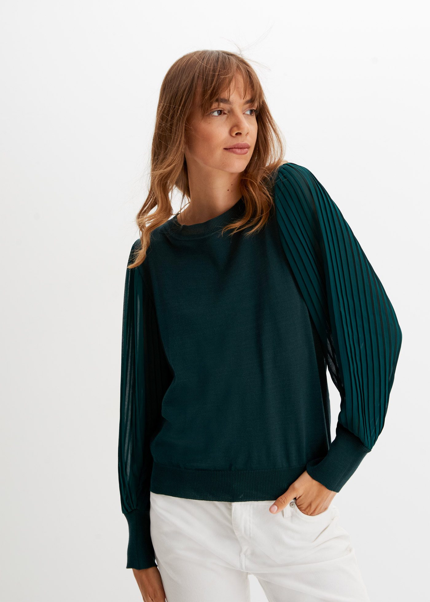 bonprix Strickpullover im tollen Viskose-Mix, mit weiten, extravaganten Plisseeärmeln, bequem