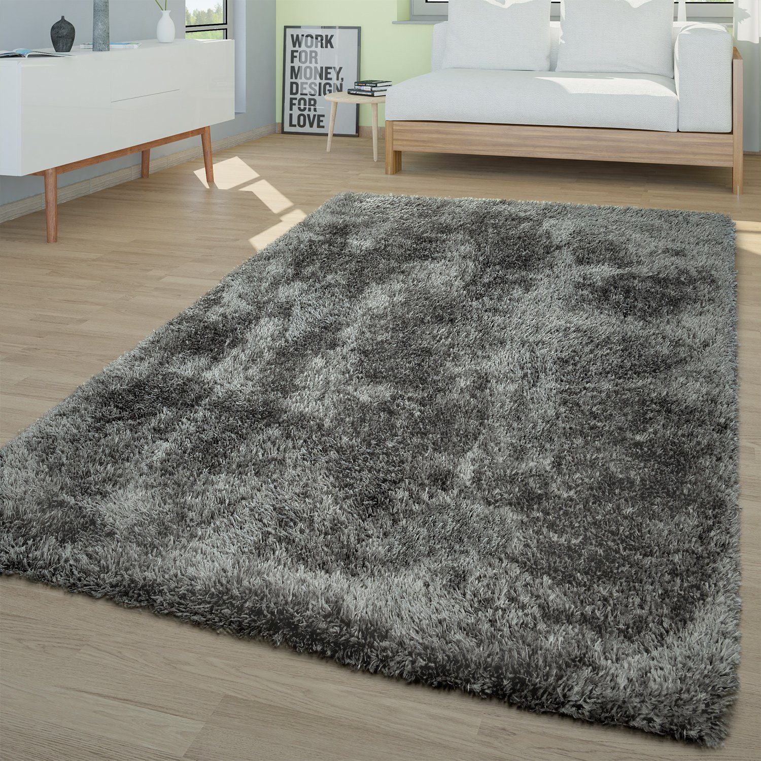 Home, Hochflor-Teppich Waschbarer Hochflor Grau Höhe: Flokati rechteckig, Shaggy Teppich TT mm 4 Look,