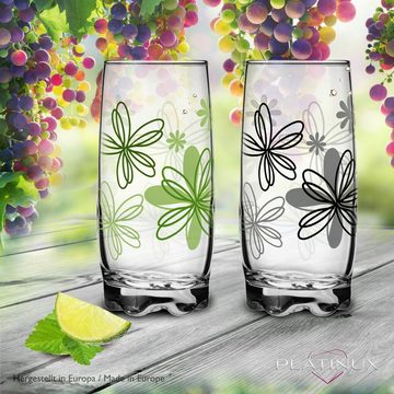 PLATINUX Glas Trinkgläser mit Blumen Dekor und geformten Boden, Glas, 350ml Wassergläser Saftgläser Frühstücksglas