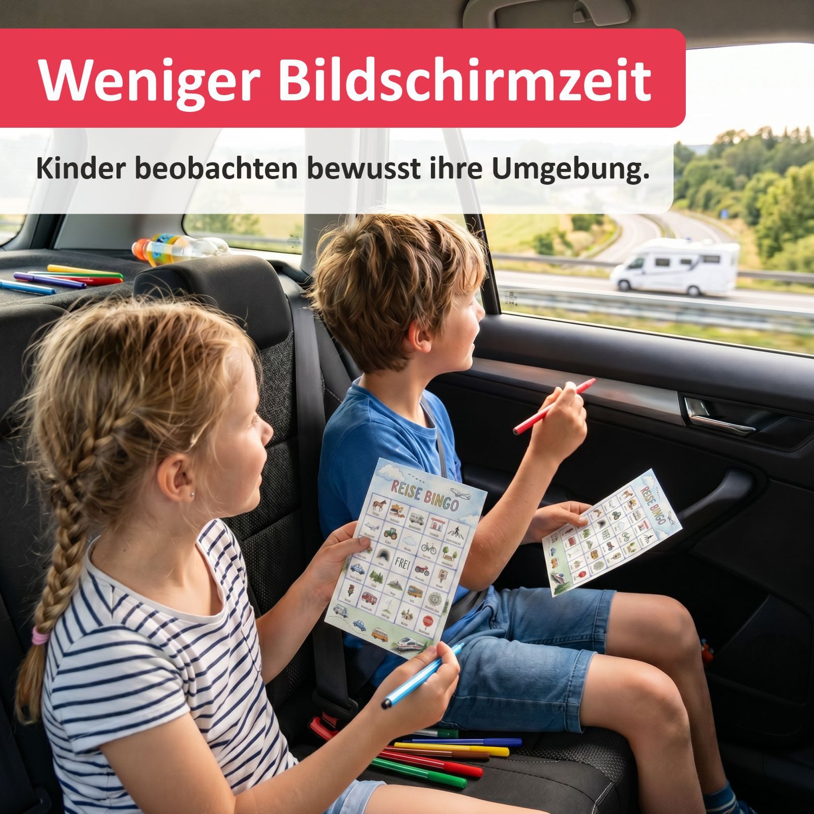 nikima Spiel Reise Bingo – 10 Bingokarten für Kinder, Auto Suchspiel Reisespiel