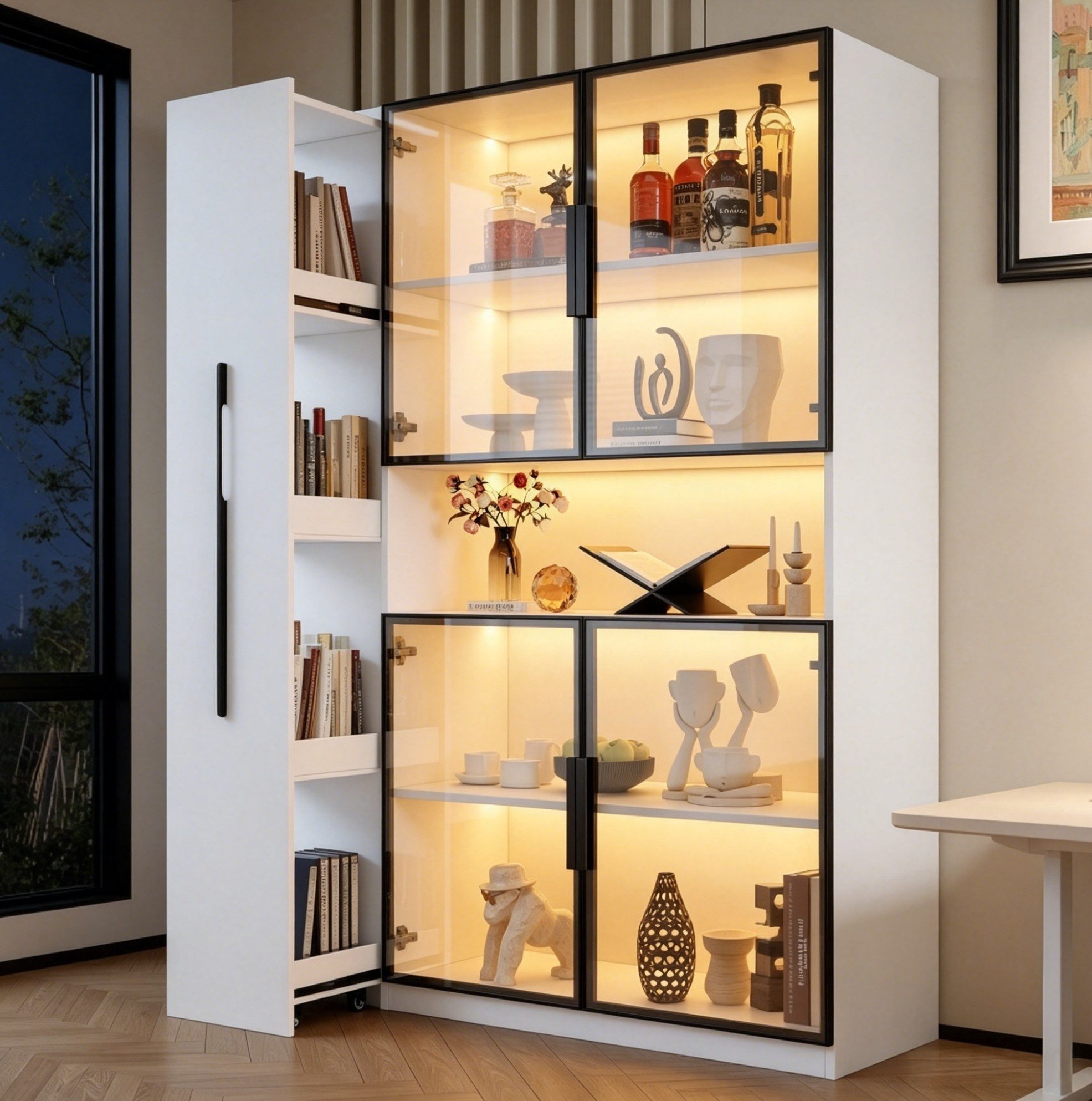 OKWISH Vitrine LED-Glasschrank mit Auszügen & Schubladen (Packung, 1-St., Ausziehbare Regale & vertikale Schubladen) Weiß, 110×160×35 cm, Vielseitig für Wohnzimmer, Küche & Büro