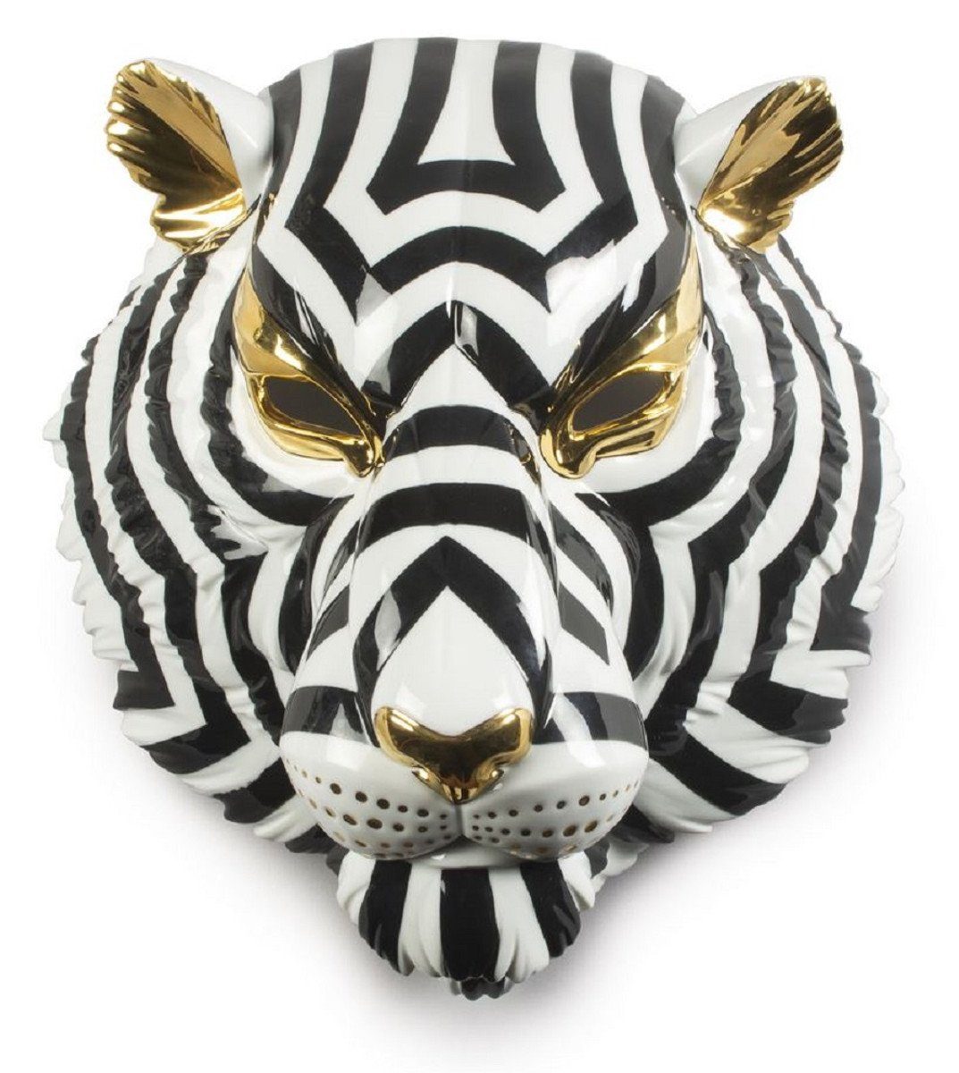 Casa Padrino Dekofigur Casa Padrino Luxus Porzellan Deko Maske Tiger Schwarz / Weiß / Gold 30 x 23 x H. 38 cm - Moderne handgefertigte Wanddeko - Erstklassische Qualität - Made in Spain