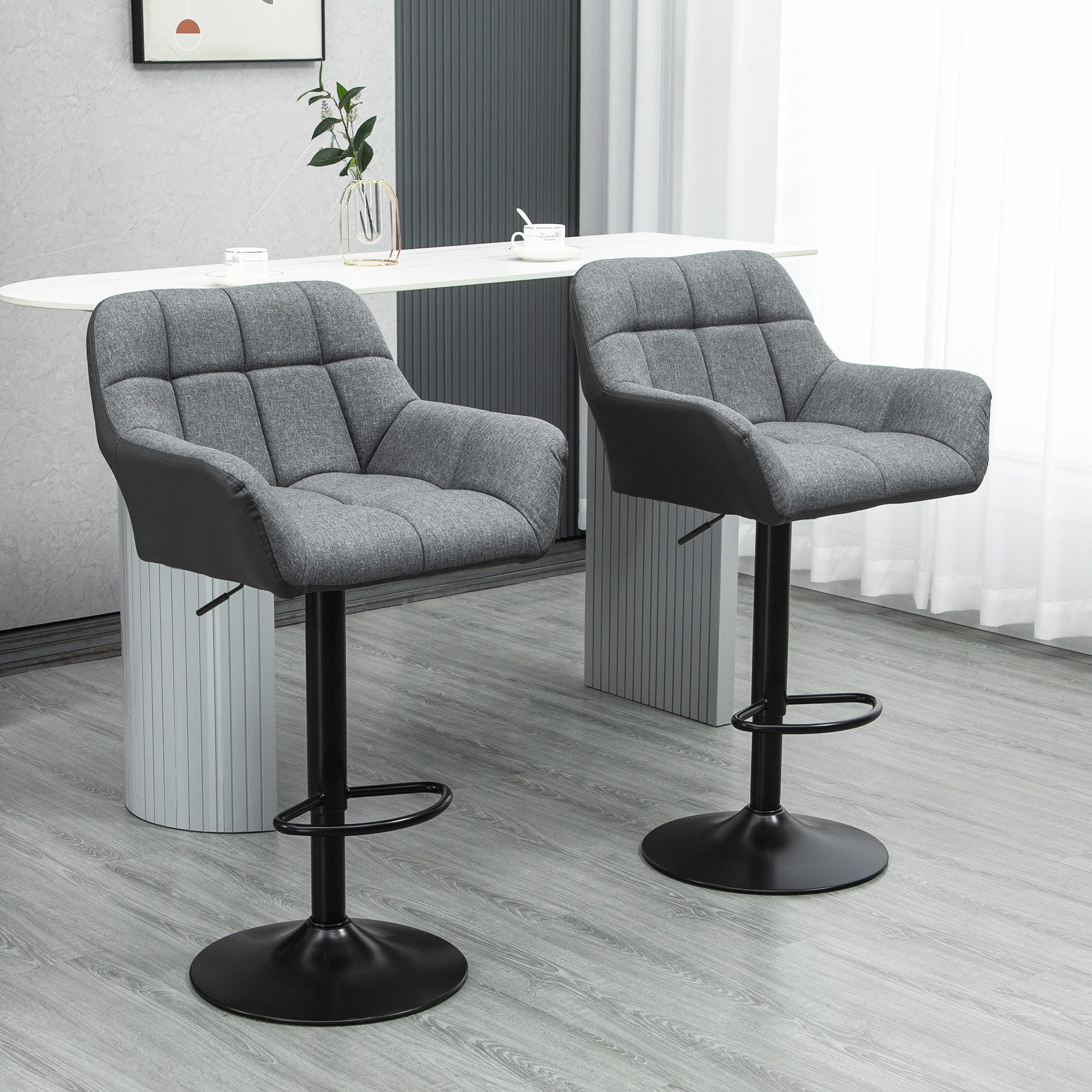 HOMCOM Barhocker Höhenverstellbar Küchenstühle mit Kunstleder, Lehne und Fußstütze (Bistrohocker, 2 St., Barstuhl), Grau 57,5 x 52,5 x 93-114 cm