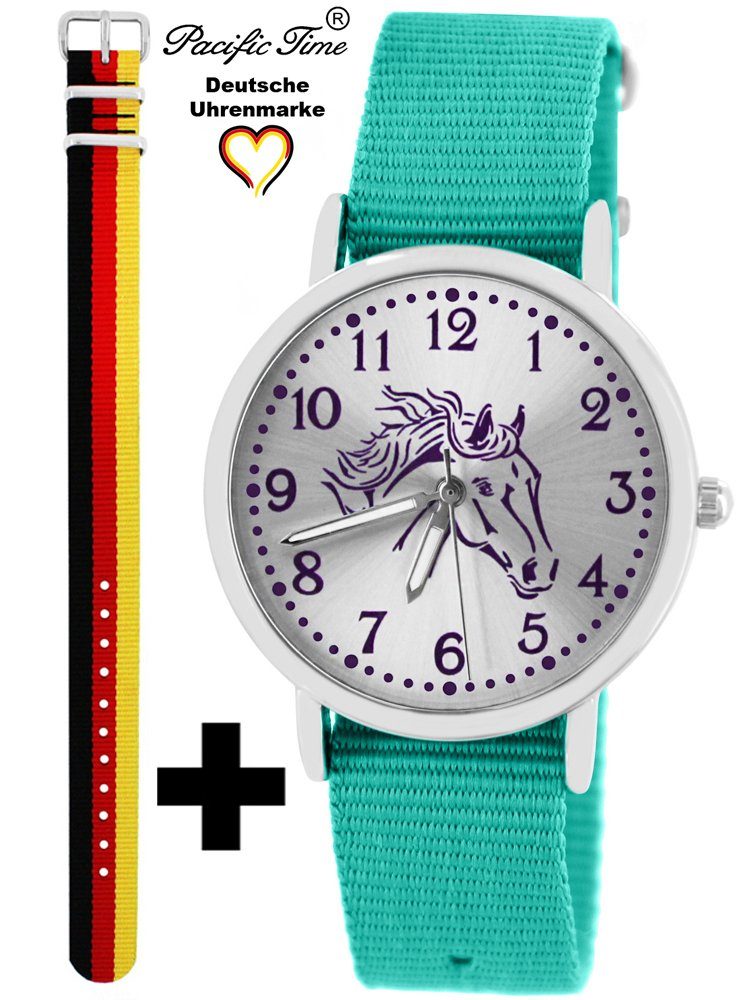 Pacific Time Quarzuhr Set Kinder Armbanduhr Pferd violett Wechselarmband, Mix und Match Design - Gratis Versand Deutschland und türkis