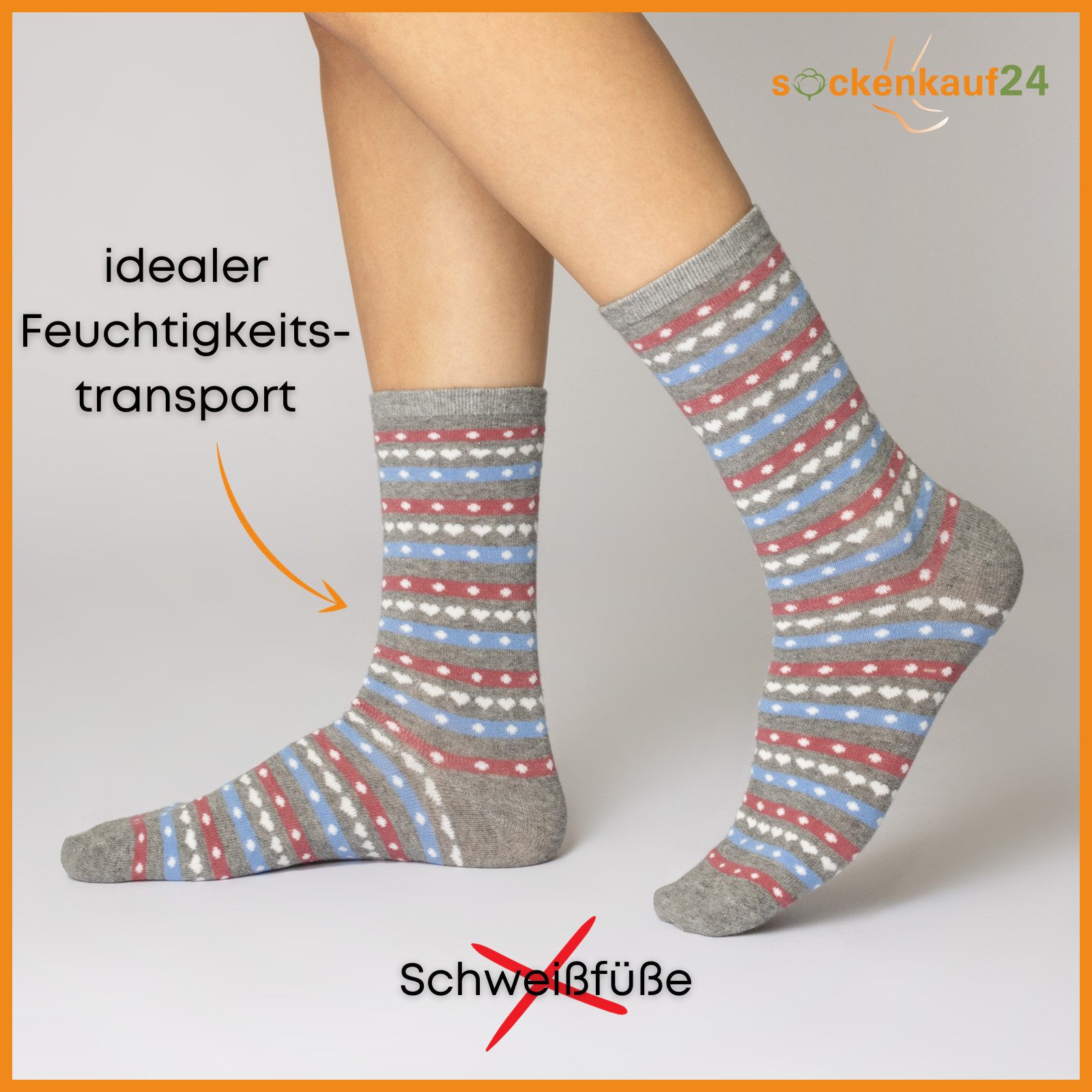sockenkauf24 Basicsocken 10 Paar Damen Socken Mehrfarbig Streifen Punkte (34977/2, 39-42) Herzen Maritim Baumwolle
