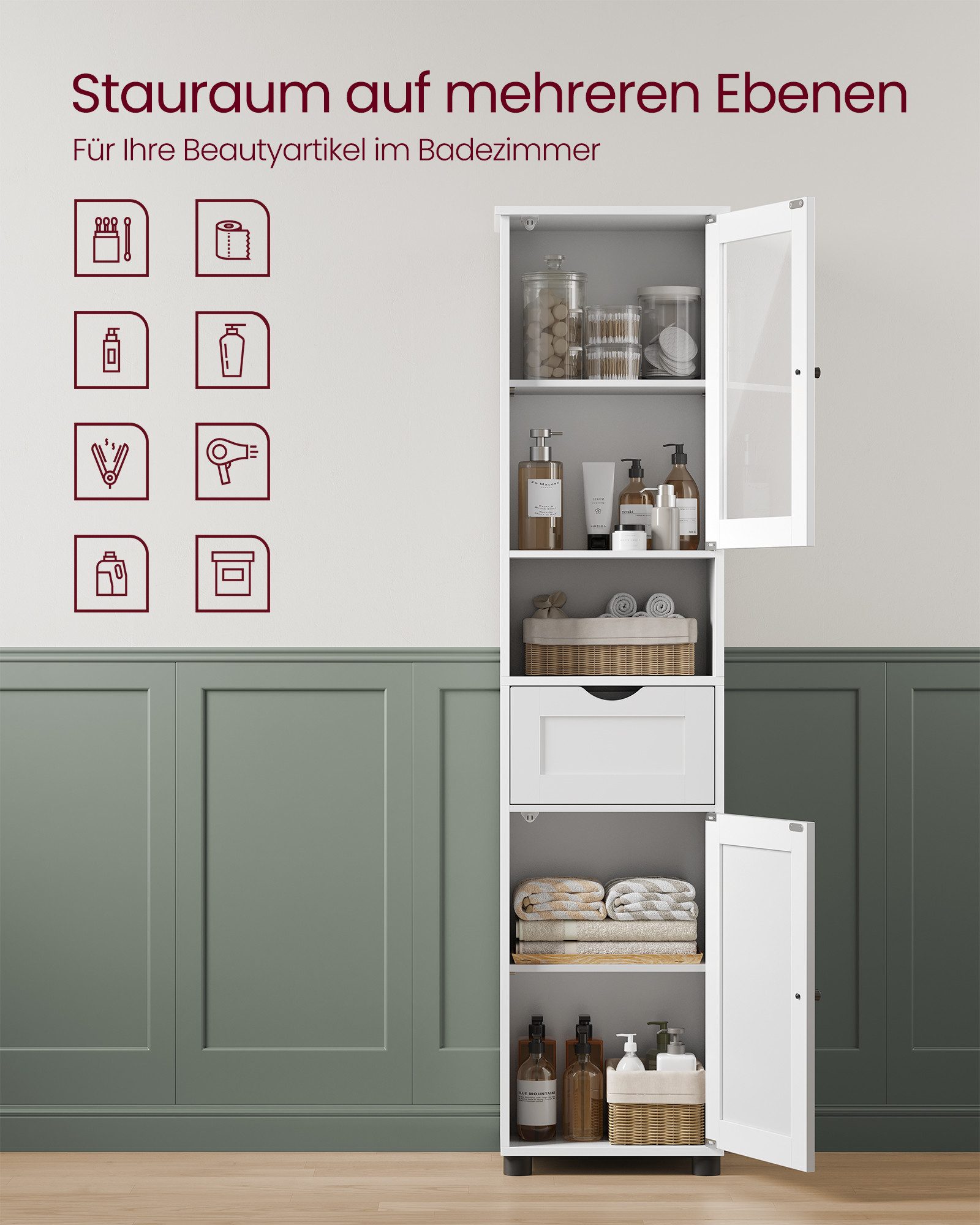 VASAGLE Badkommode Badezimmerschrank, Hochschrank