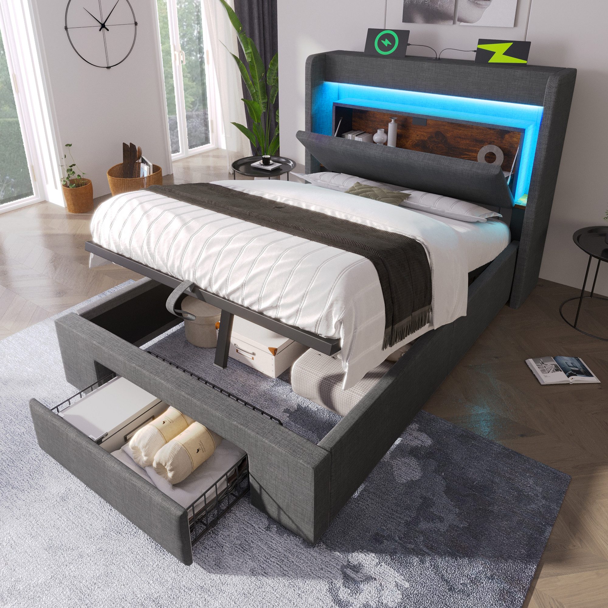 Odikalo Polsterbett 90x200 140x200 160x200 180x200 Kinderbett Jugendbett, Bettkasten LED (mit hydraulischem Stauraum und Kopfteil mit Aufbewahrungsfach, LED-Beleuchtung sowie USB & USB-C Anschluss, Holzlatten-Bettgestell, Leinen)