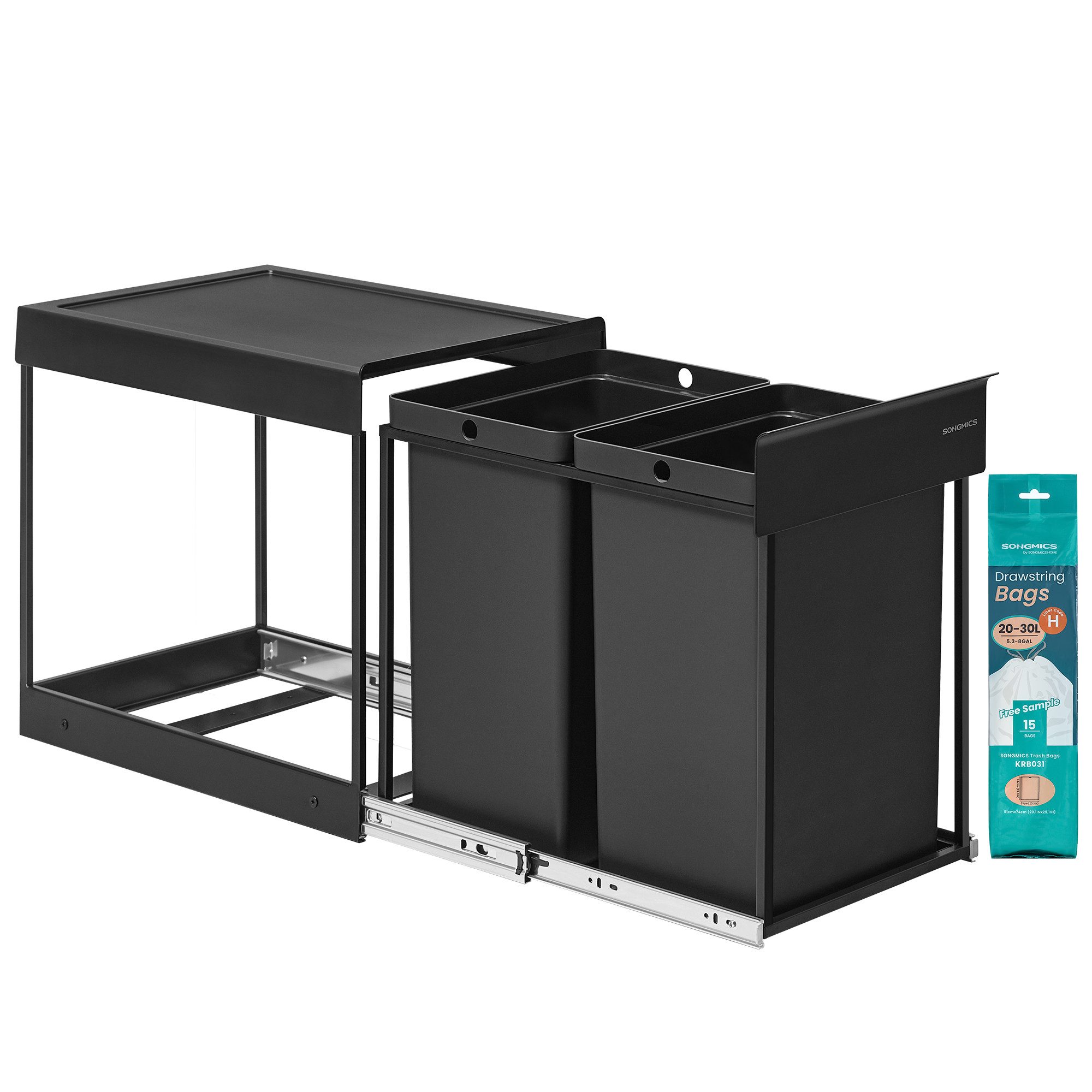 SONGMICS Mülleimer Mülltrennsystem für Unterschrank, Mülleimer küche, Abfalleimer 2 Fächer, ausziehbar, Stahlrahmen, 2X15L / 2X20L