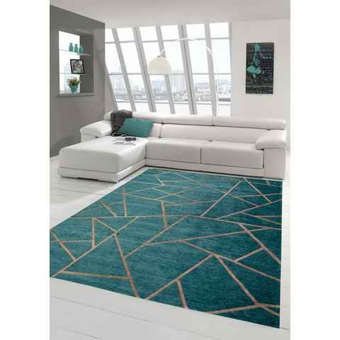 Teppich Orientteppich Wohnzimmer Teppich Geometrisches Muster in Türkis Bronze, Teppich-Traum, rechteckig, Höhe: 0,9 mm