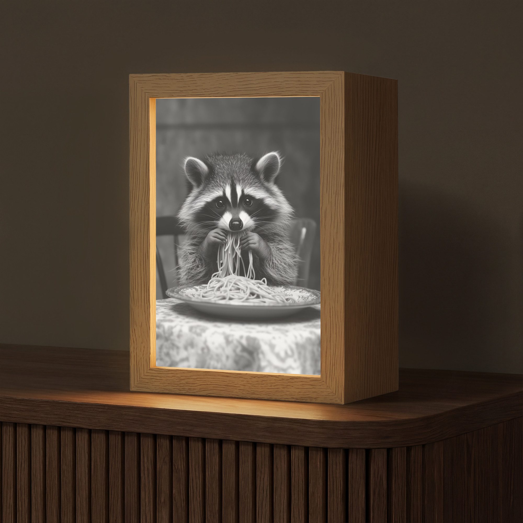 OnlyWow Tischleuchte Lightbox Waschbär - Niedlich - Pasta - Tischtuch - Schwarz - Weiß, Dimmbar, Farbwechsel, LED, Warmweiß, Kaltweiß, Neutralweiß Einstellbar, Tischlampe, Schreibtischlampe, Desk, Dimmbar, mit Kabel, LED