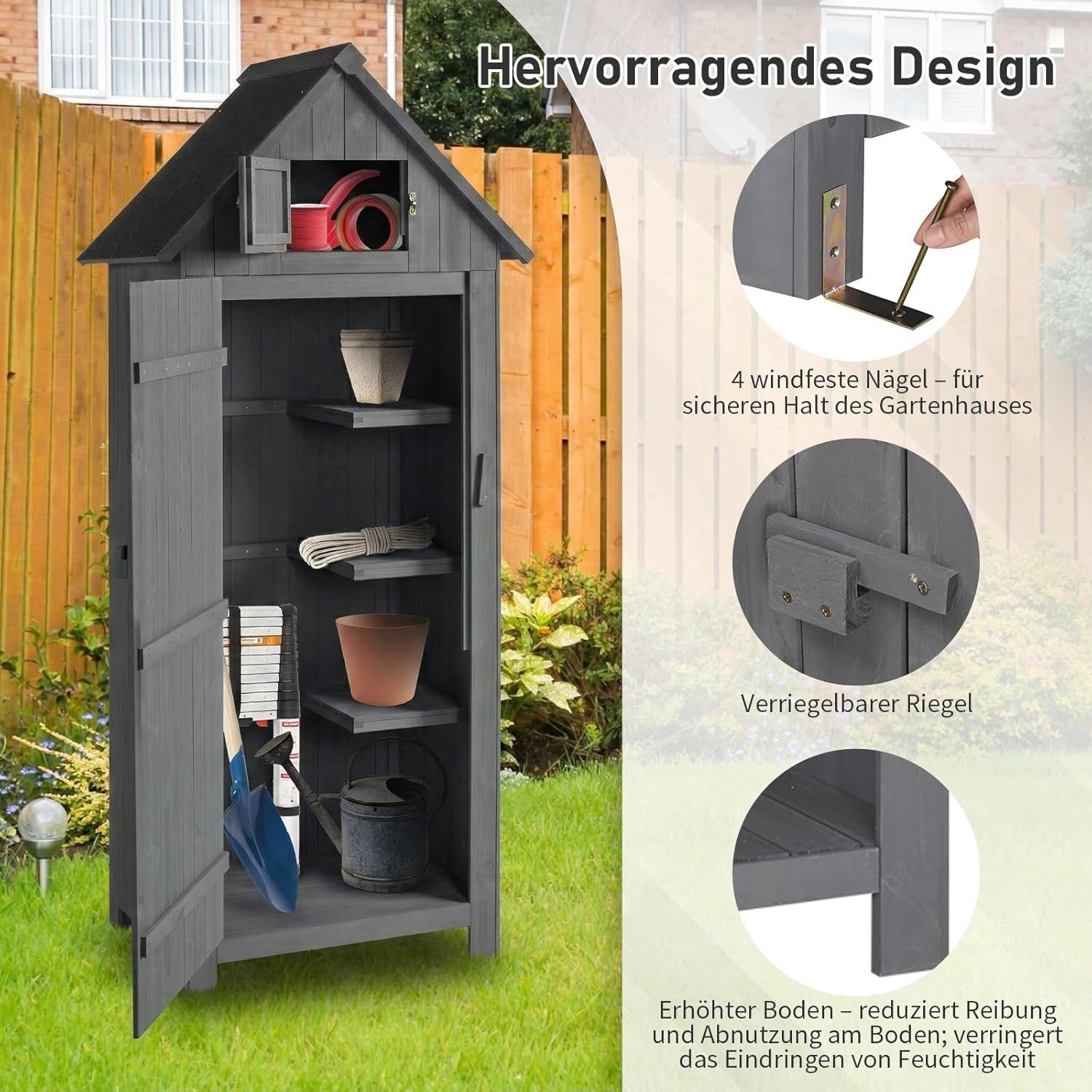 LALAHO Geräteschrank Geräteschuppen Werkzeugschrank Outdoor Holz Gerätehaus für Außenbereich, Satteldach, 77 X 54 X 180 cm