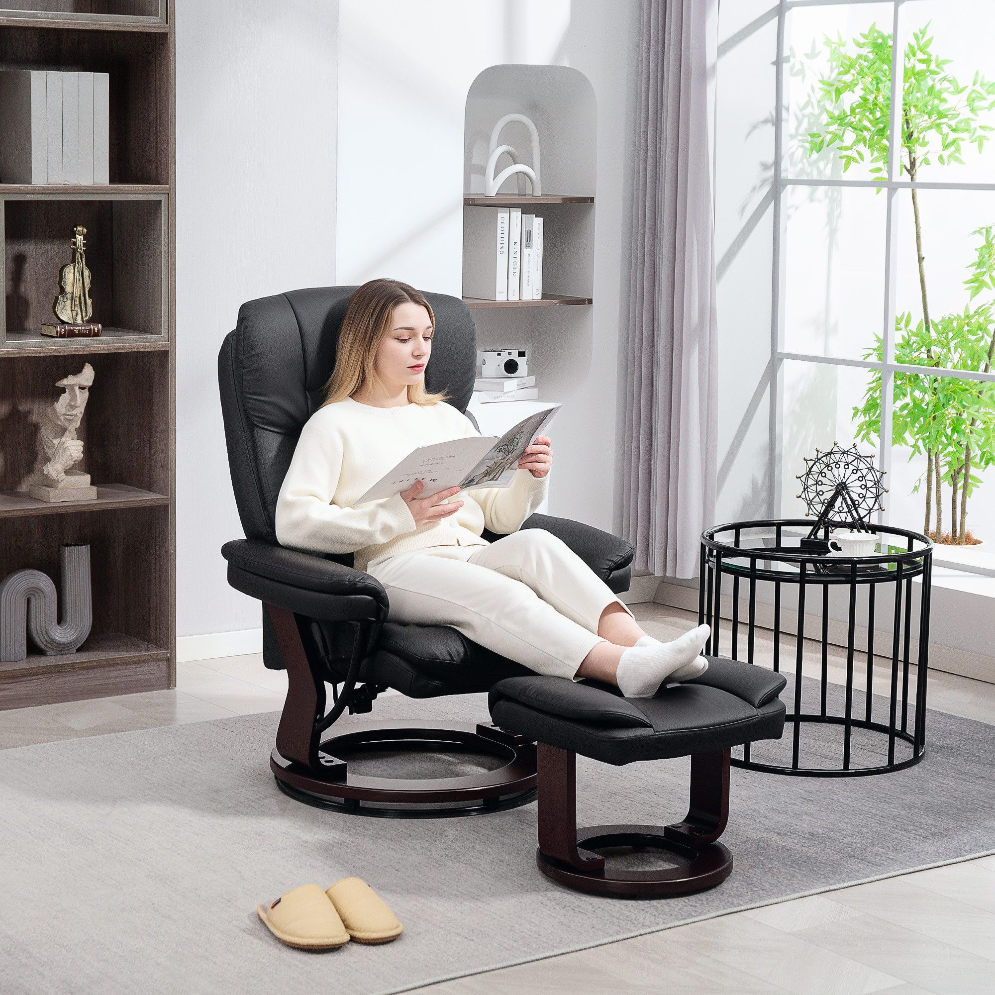 HOMCOM Relaxsessel TV-Sessel mit Hocker, 360°drehbar, mit Liegefunktion (Ruhesessel, 2-St., Fernsehsessel), für Wohnzimmer, Kunstleder, Schwarz