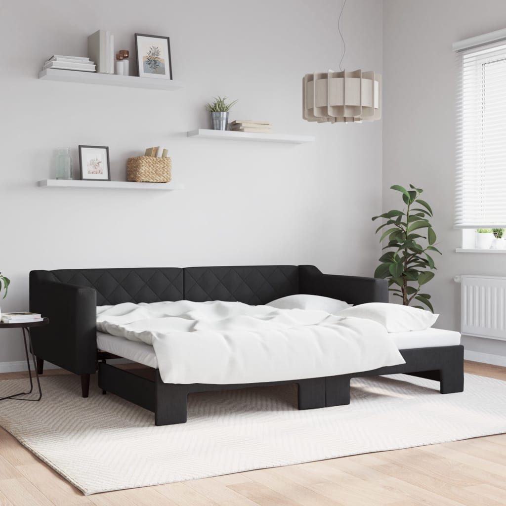 furnicato Bett 2-in-1 Tagesbett Schwarz 213 x 100 x 67 cm (1-tlg), Ausziehbares Sofabett mit Rollkasten aus Massivholz für das Wohnzimmer