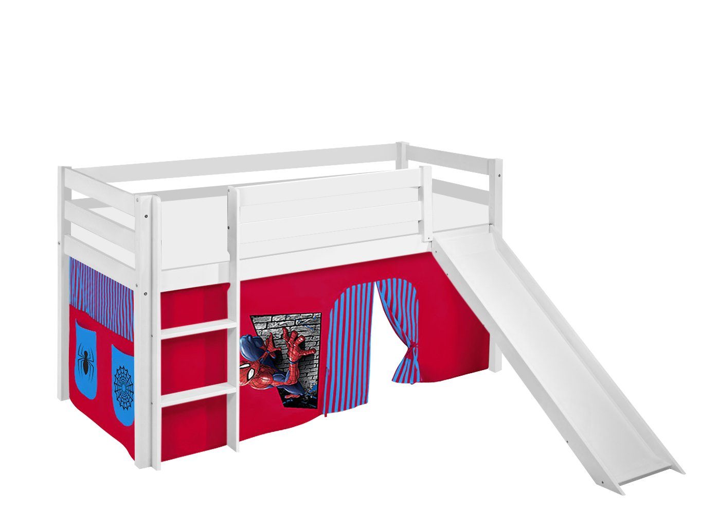 Lilokids Hochbett Spielbett Hochbett LILOKIDS JELLE mit Rutsche und Vorhang Spiderman (inkl. Leiter, Rutsche und Vorhängen)