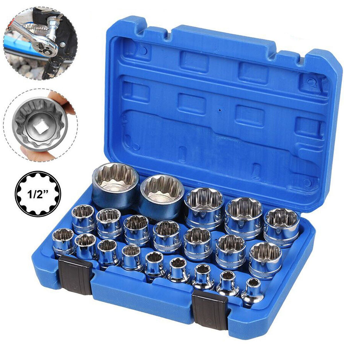 Bit- und Steckschlüsselset 21 tlg Steckschlüssel Satz 1/2" Werkzeug 8-36mm Vielzahn Nuss Satz