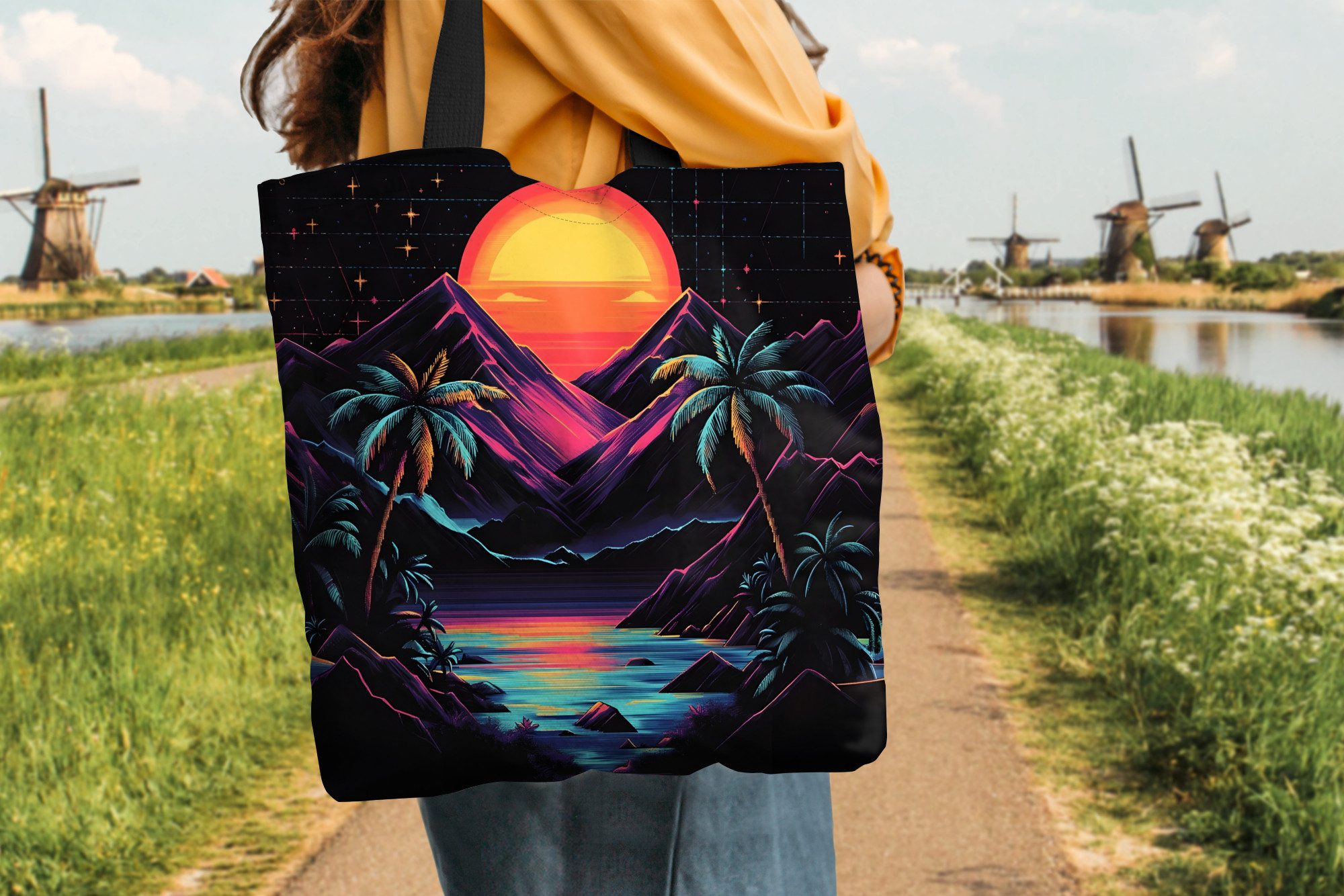MuchoWow Shopper Palmen - Neonberge - Sternenhimmel - Sonne, Handtasche, Damen und Herren, Schultertasche, Umhängetasche, Tote Bag