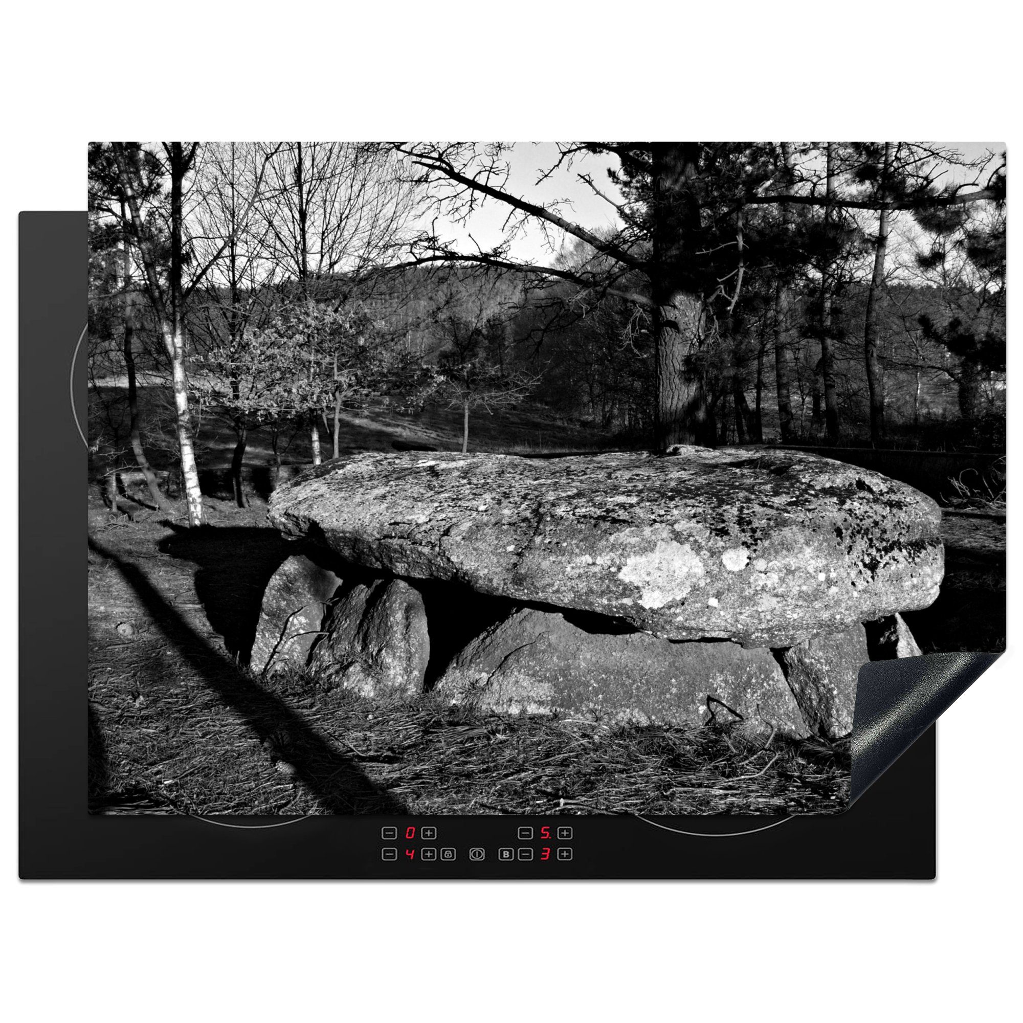 MuchoWow Herdblende-/Abdeckplatte und in cm, tlg), Vinyl, Ceranfeldabdeckung Ein (1 70x52 schwarz Dolmen - weiß, Coruna Spanisch nutzbar, Mobile Arbeitsfläche