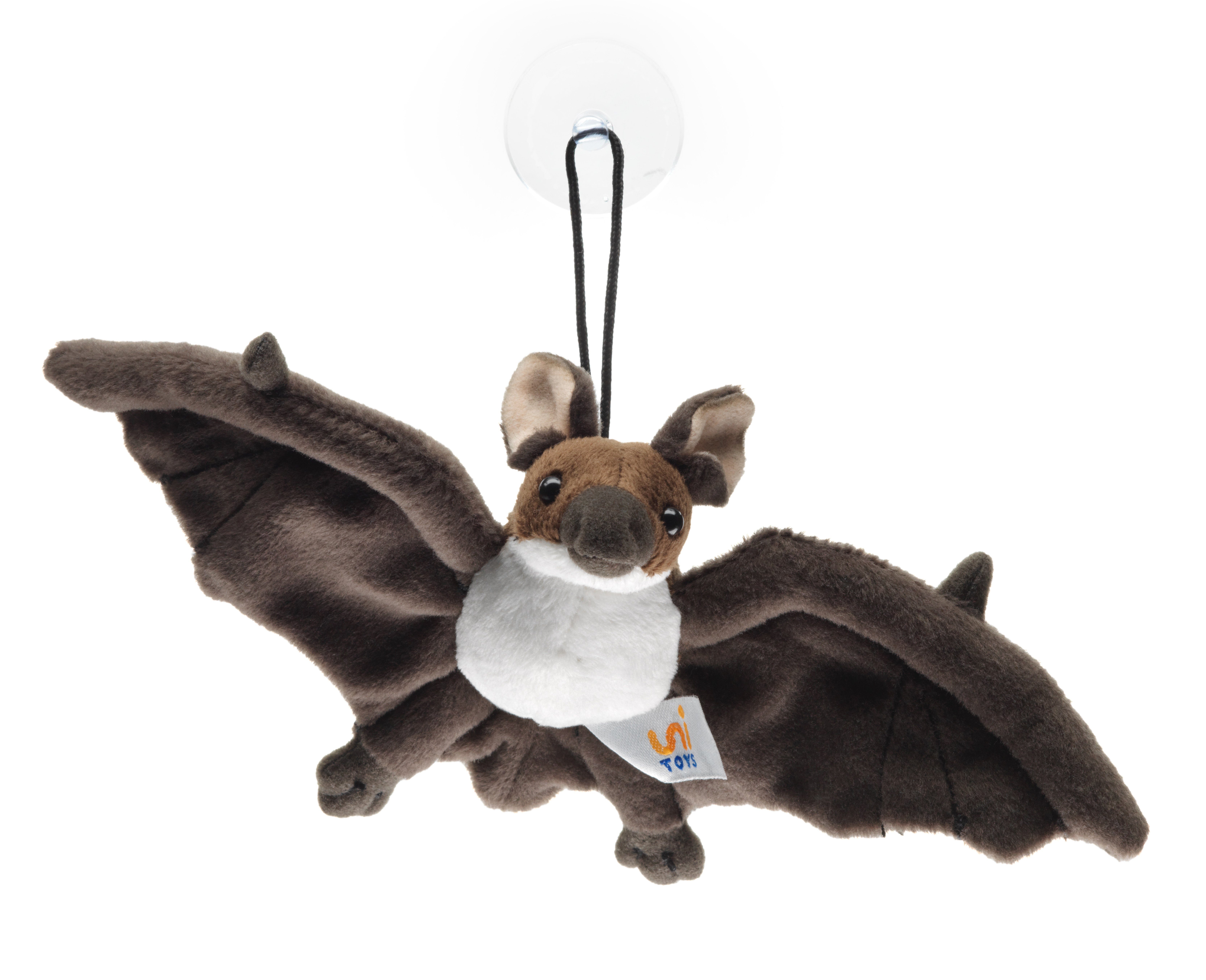 Uni-Toys Kuscheltier Fledermaus - braun oder schwarz - mit Saugnapf - 23 cm - Plüschtier, zu 100 % recyceltes Füllmaterial braun-weiß