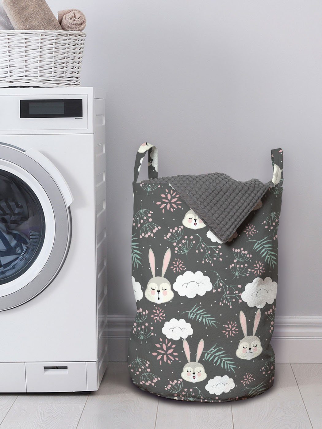 Wäschekorb Hase Kordelzugverschluss Waschsalons, mit Hasen und Wäschesäckchen Wolken Griffen für Sleeping Abakuhaus
