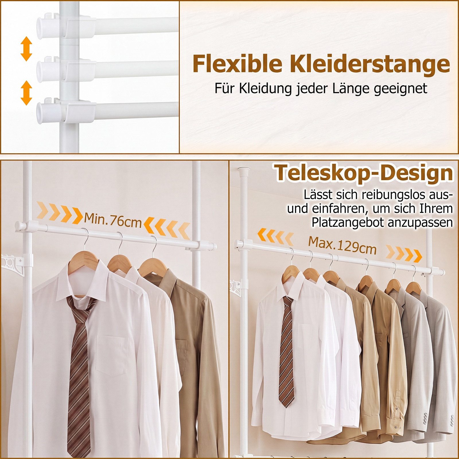 COSTWAY Kleiderständer Teleskopregal ohne Bohren Metall höhenverstellbar, 76-129 x 110-315 cm – Bild 5 von 5