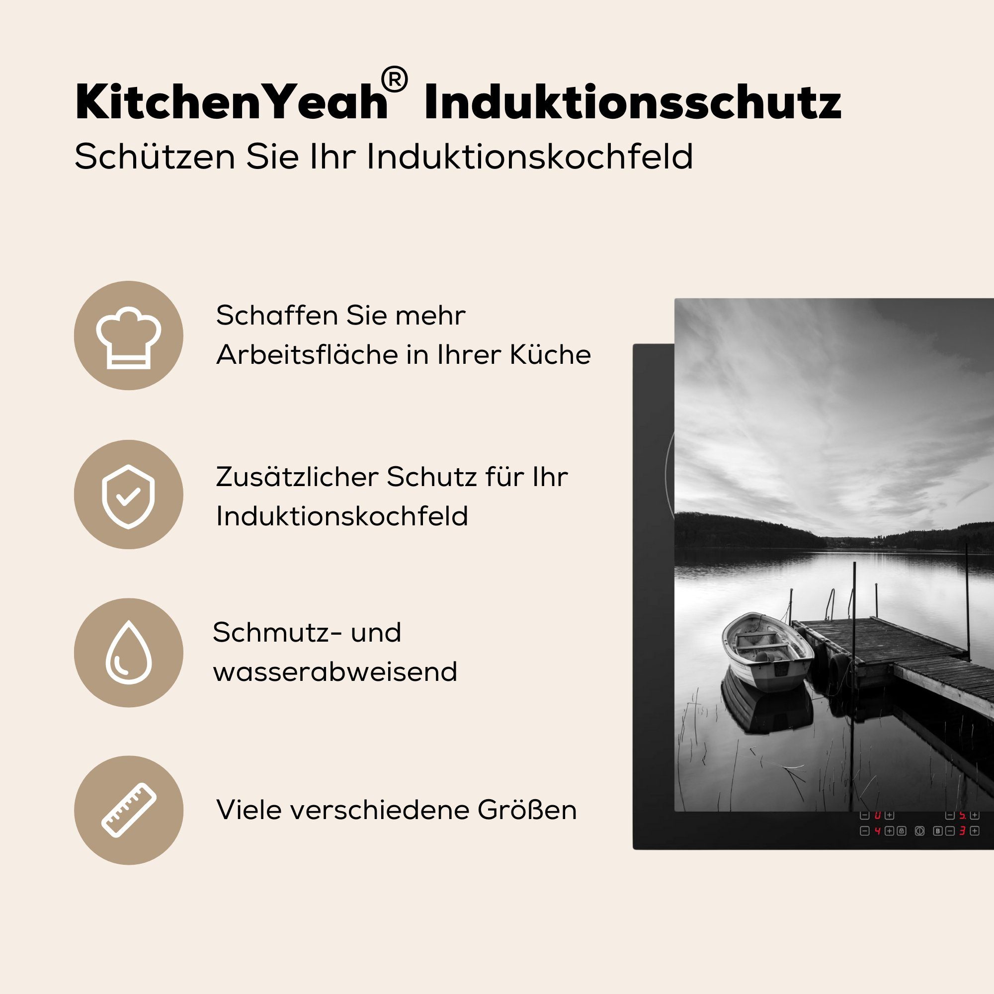 einem Vinyl, Ceranfeldabdeckung (1 Herdblende-/Abdeckplatte cm, 60x52 Arbeitsfläche und tlg), schwarz MuchoWow Mobile weiß, nutzbar, an Ruderboot - Bootssteg