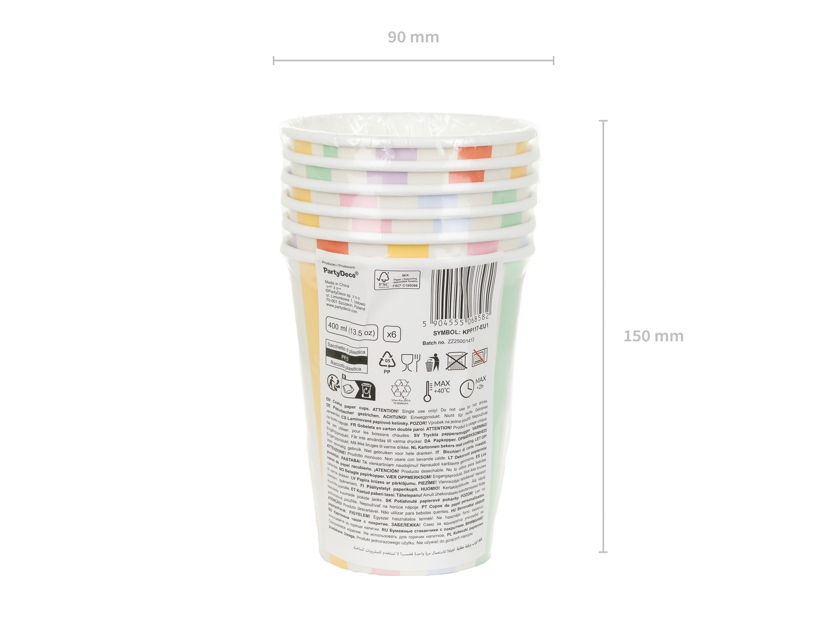 partydeco Becher, Papier, Pappbecher 400ml mit Streifen Muster 6er Set Bunt