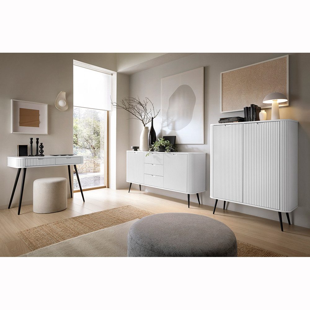 Lomadox Wohnzimmer-Set ZARA-160, (Mega-Spar-Set, 3-St., Konsolentisch Sideboard), in weiß gerillt mit Rillen Metallfüße schwarz Wohnzimmerschränke