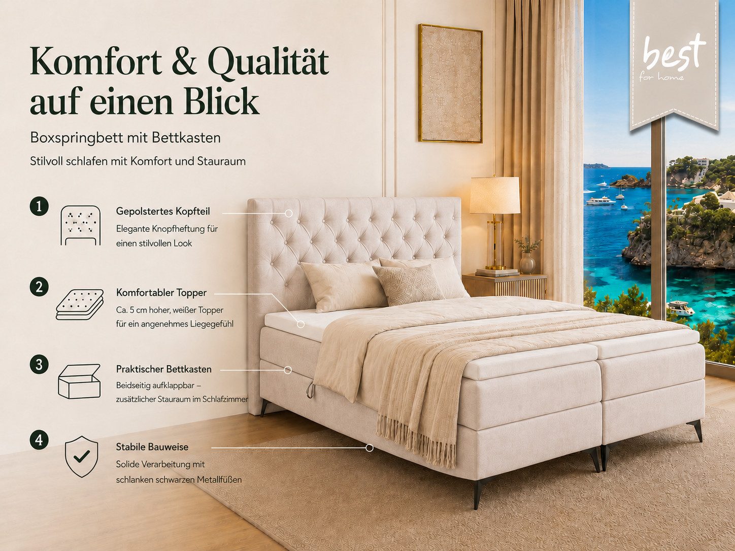 Best for Home Boxspringbett K18 SLIM mit zwei Bettkasten und Komfort Topper H3 (Bonell-Matratze, gepolstertes Kopfteil, Doppelbett versch. Größen, 1-St., 140x20 – Bild 3 von 5