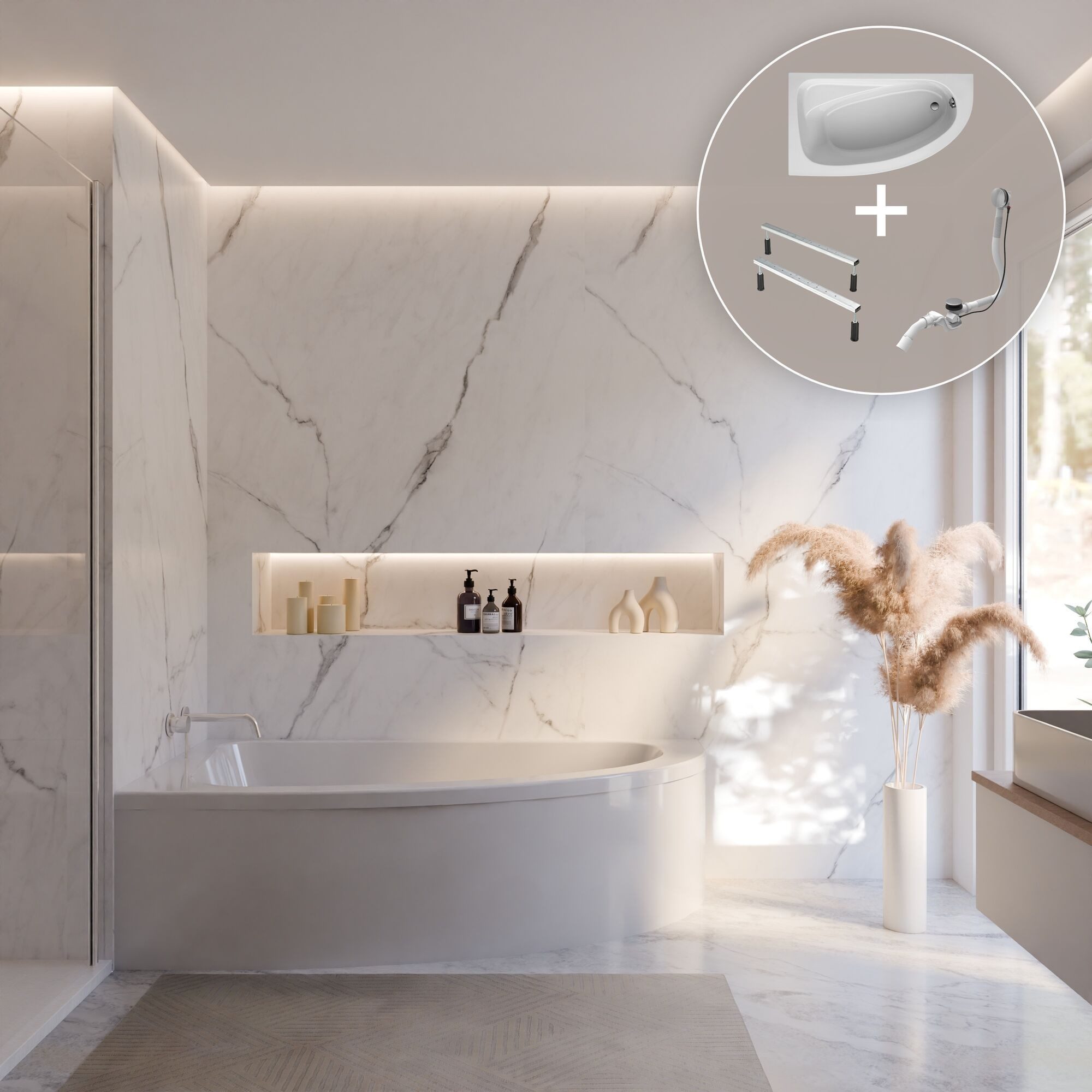 Schulte Badewanne Baia asymmetrisch 160x90 cm, Sanitäracryl Weiß Komplett-Set mit Fußgestell und Ablauf