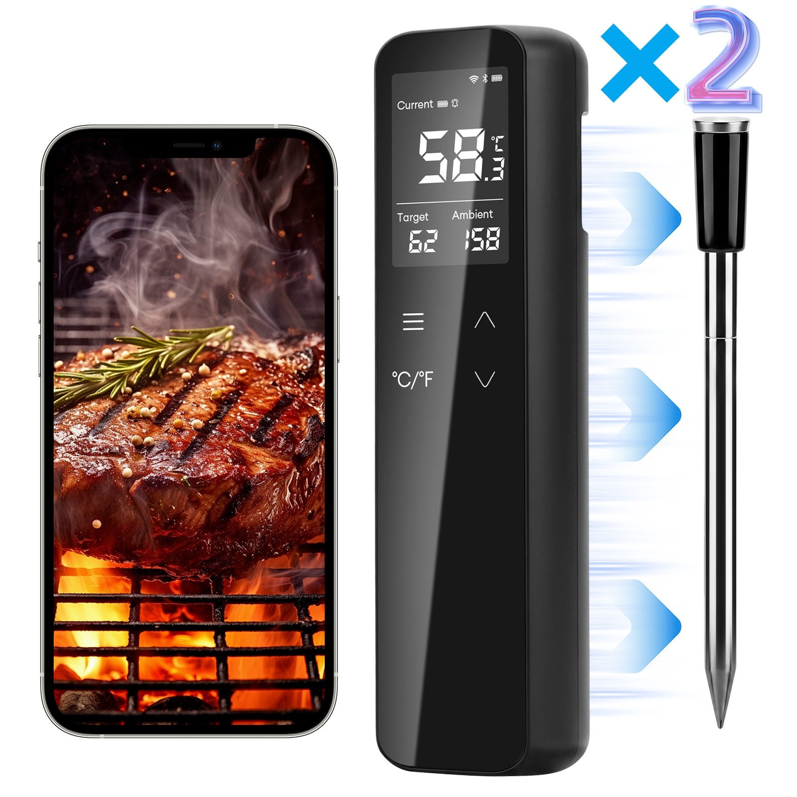 CkeyiN Bratenthermometer WiFi Bluetooth Fleischthermometer mit 6 Sensoren App-Steuerung 2600mAh, 2-tlg., Akku IP67 Wasserdicht Grillthermometer für Smoker, Grill, Ofen Küche