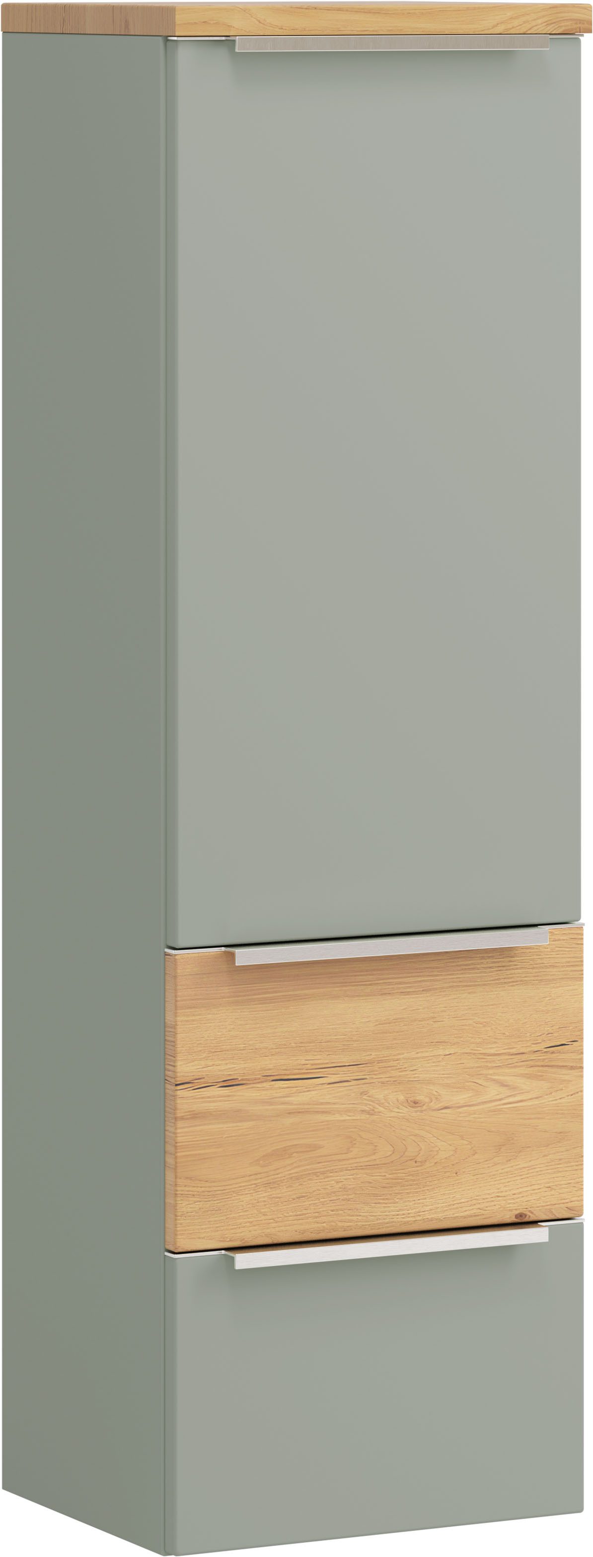 welltime Midischrank TRIENT, Midischrank 40 cm, Softclose-Auszüge und gedämpfte Scharniere (Maße (B/H/T): ca. 40/130/35 cm) Schilfgrün/Wildeiche, Softclose-Metallauszüge