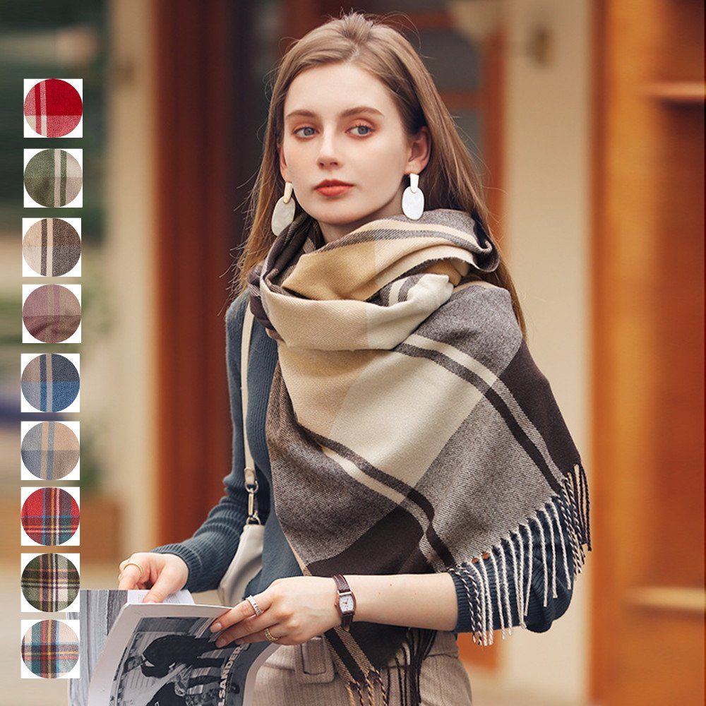 Halstuch Damen verschiedenen Schal Farben Wollschal Fransen, XDeer in Schal,kuschelweich Geschenk Damen mit Qualität für braue Frauen Poncho Karo,Winter