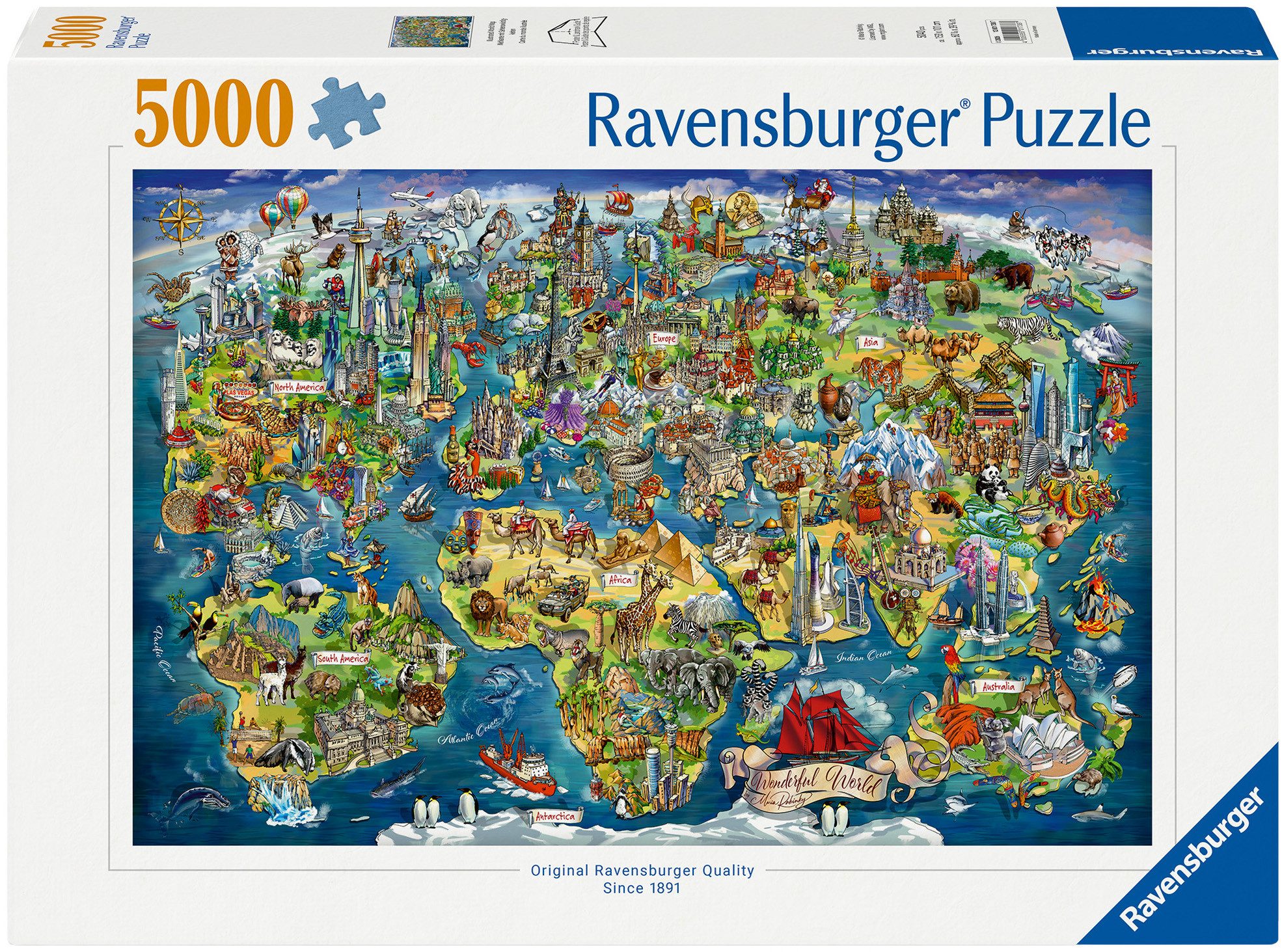 Ravensburger Puzzle Weltkarte mit Sehenswürdigkeiten, 5000 Puzzleteile, Made in Germany